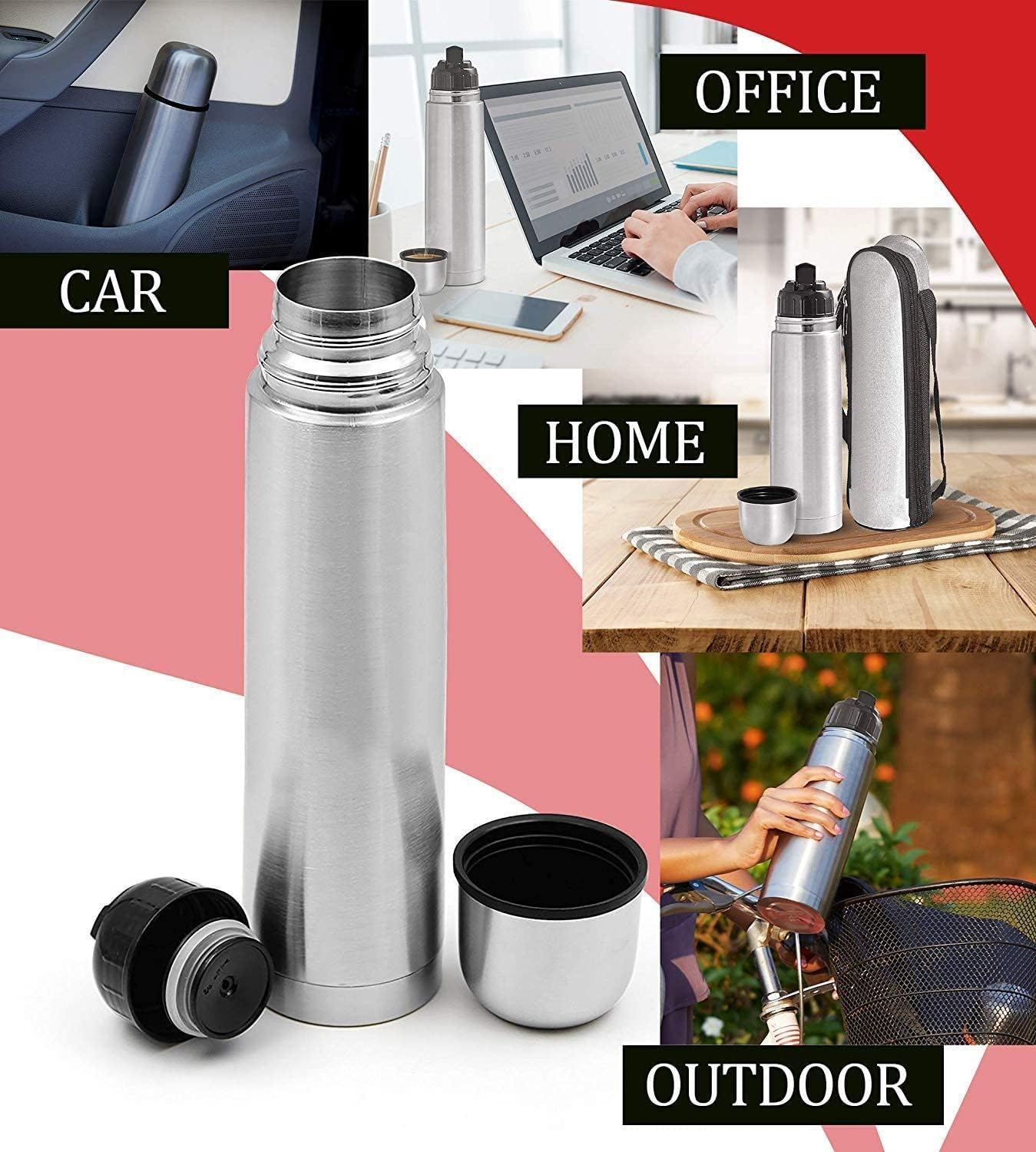 ATIPRIYA 1000ml Stainless Steel Insulated Water Bottle with Flip Lid - 12 Hours Hot & Cold Retention - Leakproof Travel Thermos for Gym, Hiking, Office (Silver, Pack of 1)
