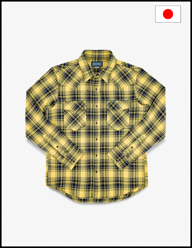 Iron Heart IHSH 411 9oz Selvedge Yellow Check Flannel Western Shirt for Men - Vintage Style Workwear & Casual Outfit - Perfect for Outdoor Adventures and Country Music Festivals
