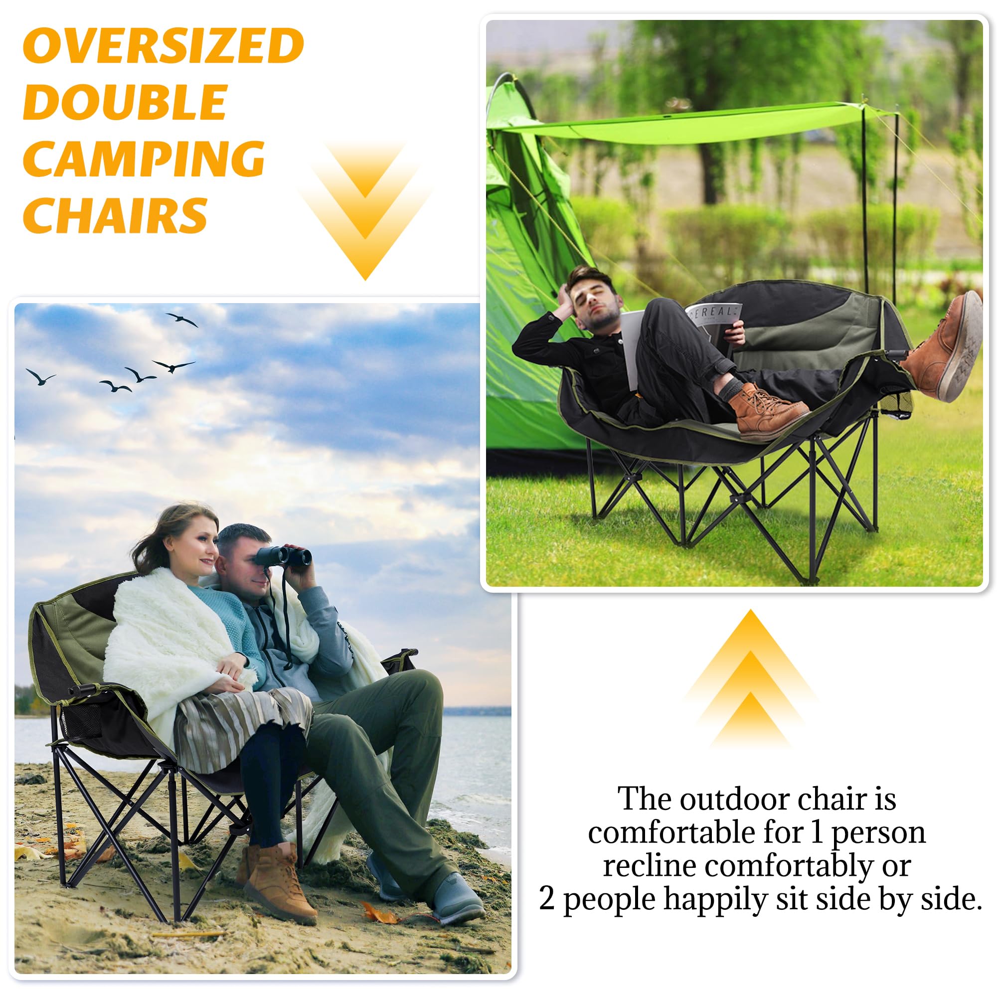 UBALANCE Heavy Duty 650LBS Portable Double Camping Chair for Adults - Oversized Folding Loveseat for Outdoor Activities, Garden, Lawn, Picnic, Beach & Fishing (Green) | Perfect for Couples Camping, Backyard Relaxing and Outdoor Events