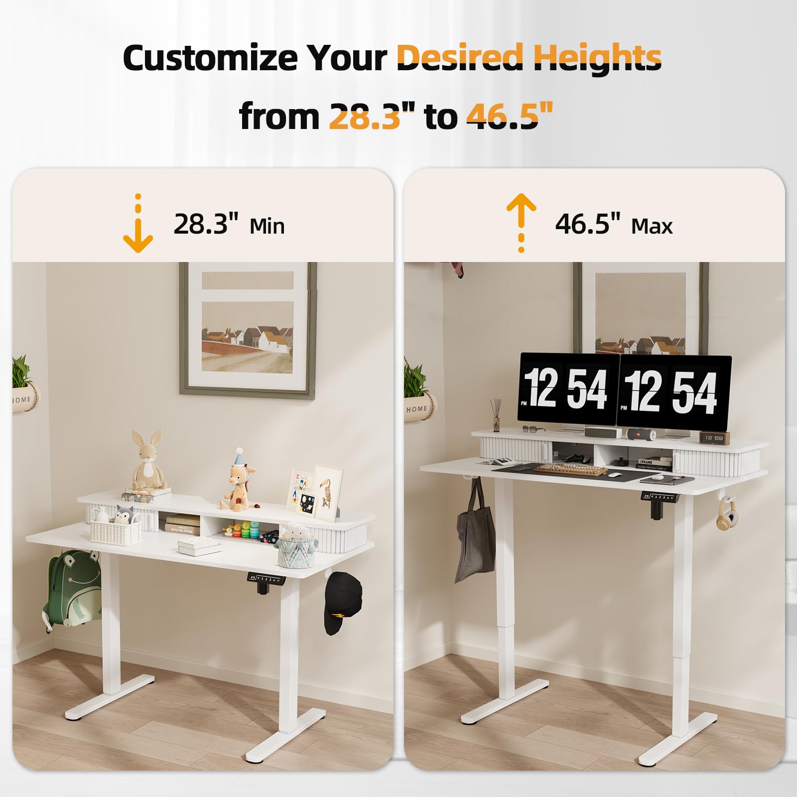 JOY Worker 48 Inch Electric Height Adjustable Standing Desk with Storage Shelves & Built-in Monitor Stand - Ergonomic Sit to Stand Workstation with 2 Hooks for Home Office (White) | Perfect for Remote Work, Gaming Setup & Small Space Office Solutions