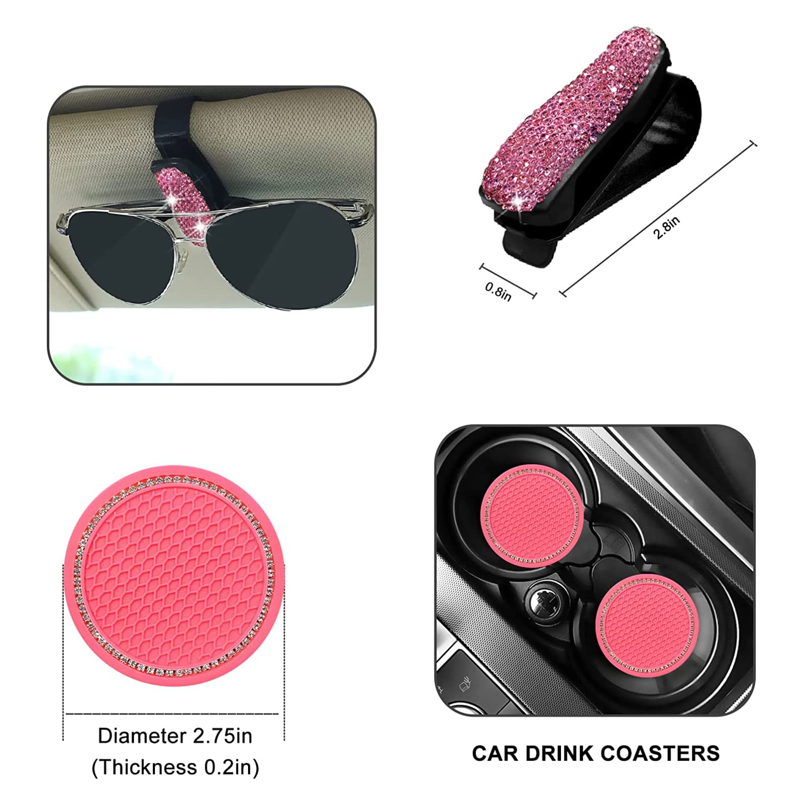 18-Piece Rhinestone Car Accessories Set - Sparkling Seat Belt Covers, Handbrake Cover, Dual USB Charger, Gear Shift Cover, Coasters & Glasses Holder - Pink Crystal Decor for Women's Car Interior Upgrade (Perfect for Gifts, Commuting & Road Trips)