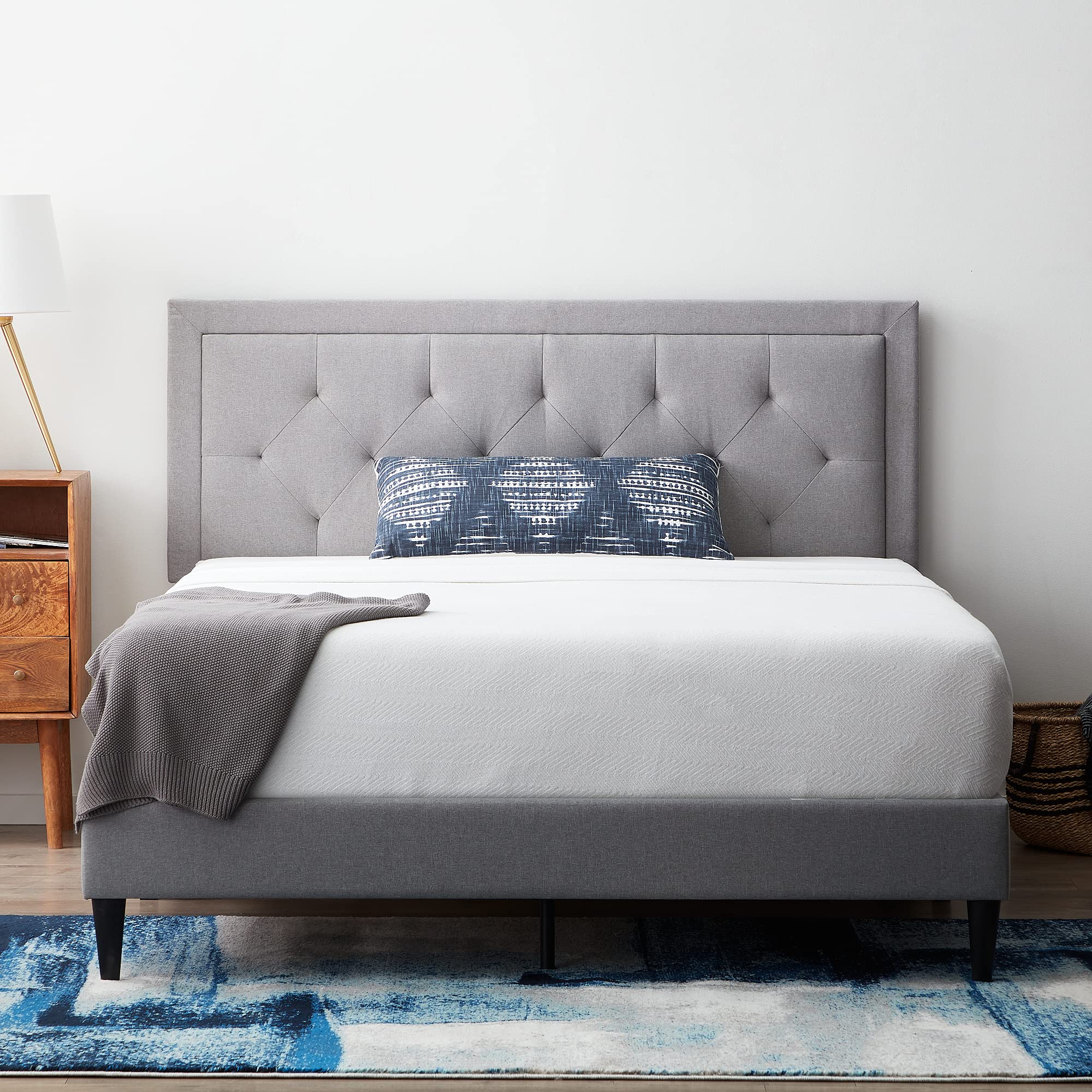 LUCID Upholstered Platform Bed Frame with Headboard - Queen Size Bed Frame No Box Spring Needed - Modern Upholstered Bed Frame in Stone Gray - Perfect for Master Bedroom, Guest Room & Small Space Bedroom