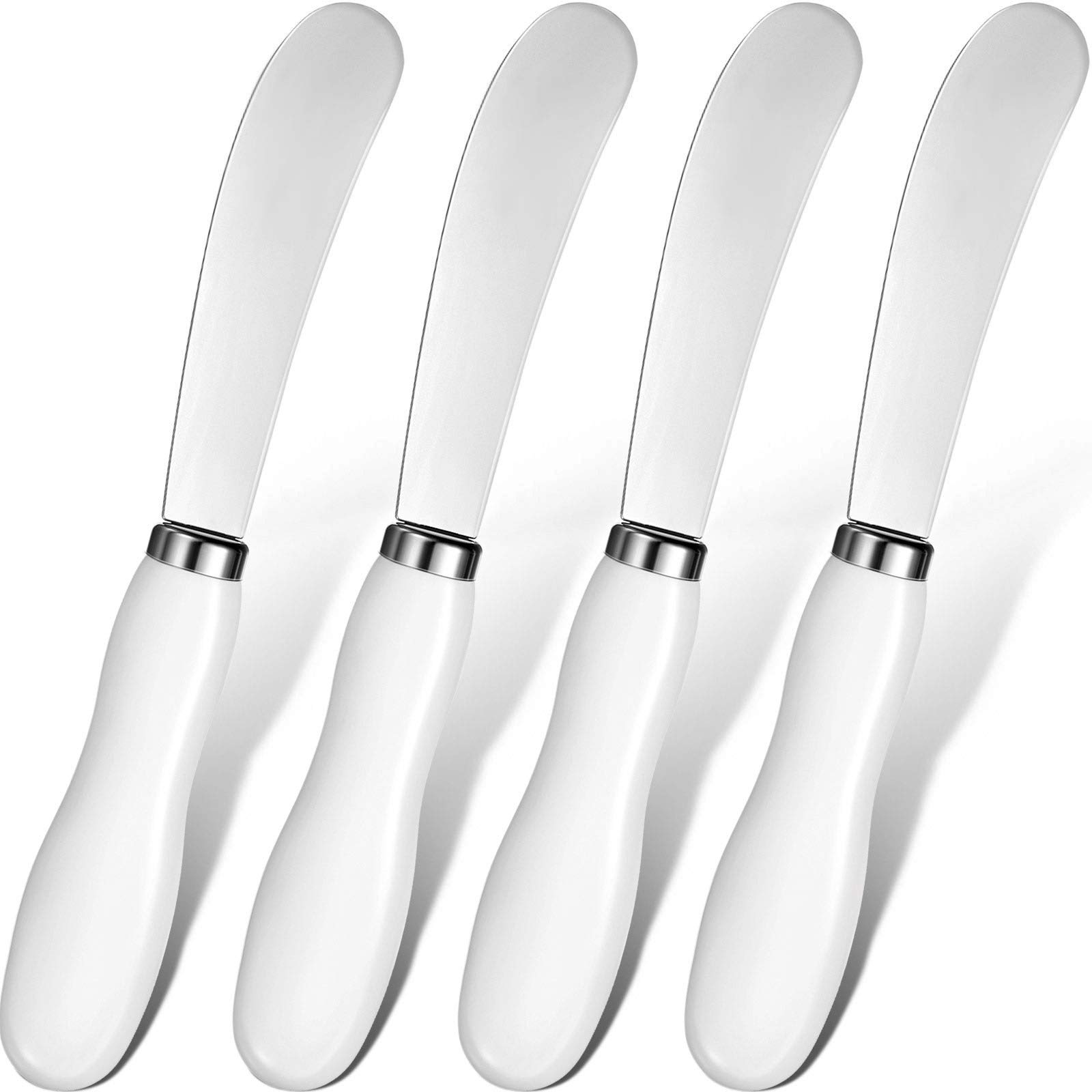 Stainless Steel Cheese Spreader Knife with White Porcelain Handle - 5.74 Inch Multipurpose Butter & Cheese Knife Set of 4 - Perfect for Charcuterie Boards, Wine Parties & Kitchen Use