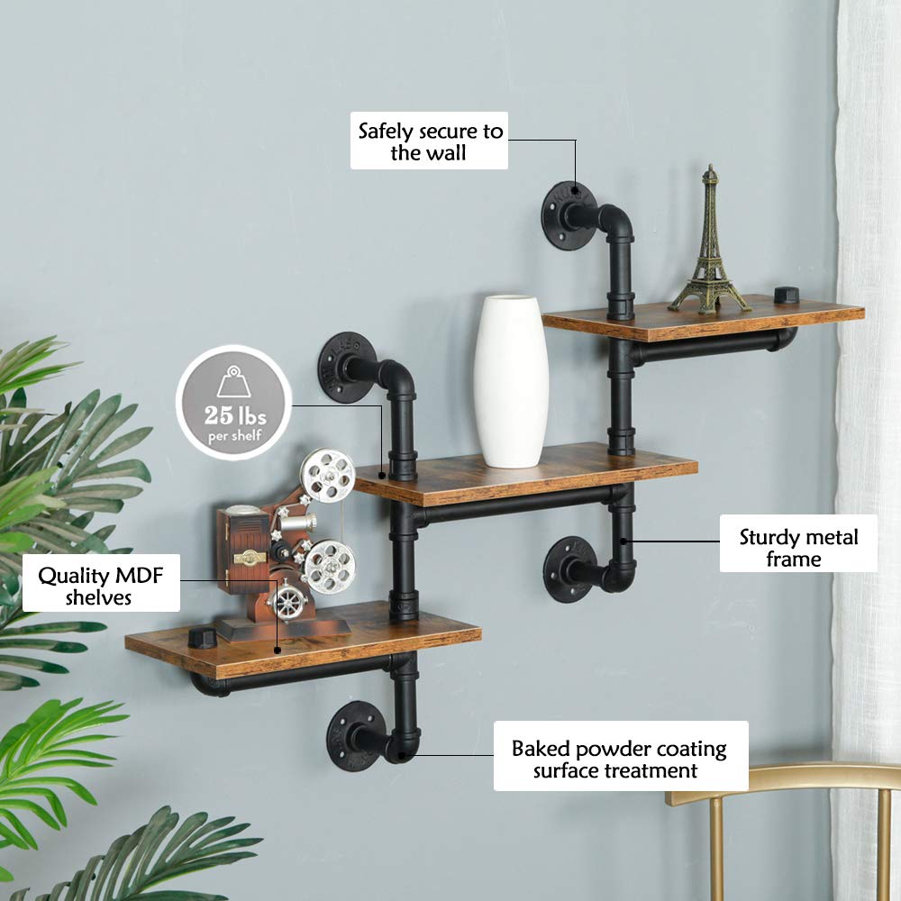 Industrial Pipe Shelving Kit - Heavy Duty Wall Mounted Floating Shelves with Reclaimed Wood Planks - Rustic Retro Shelf for Bar, Kitchen, Living Room & Home Office Decor - Perfect for Displaying Books, Plants & Decorative Items