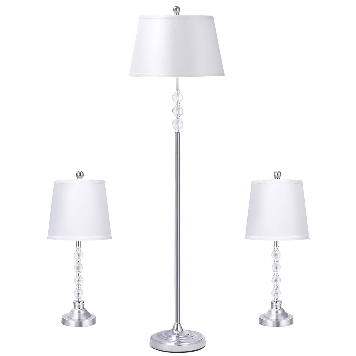 Tangkula 3-Piece Modern Chrome Floor Lamp & Table Lamps Set with White Fabric Shades - Living Room, Bedroom Lighting for Home Decor & Reading Ambience