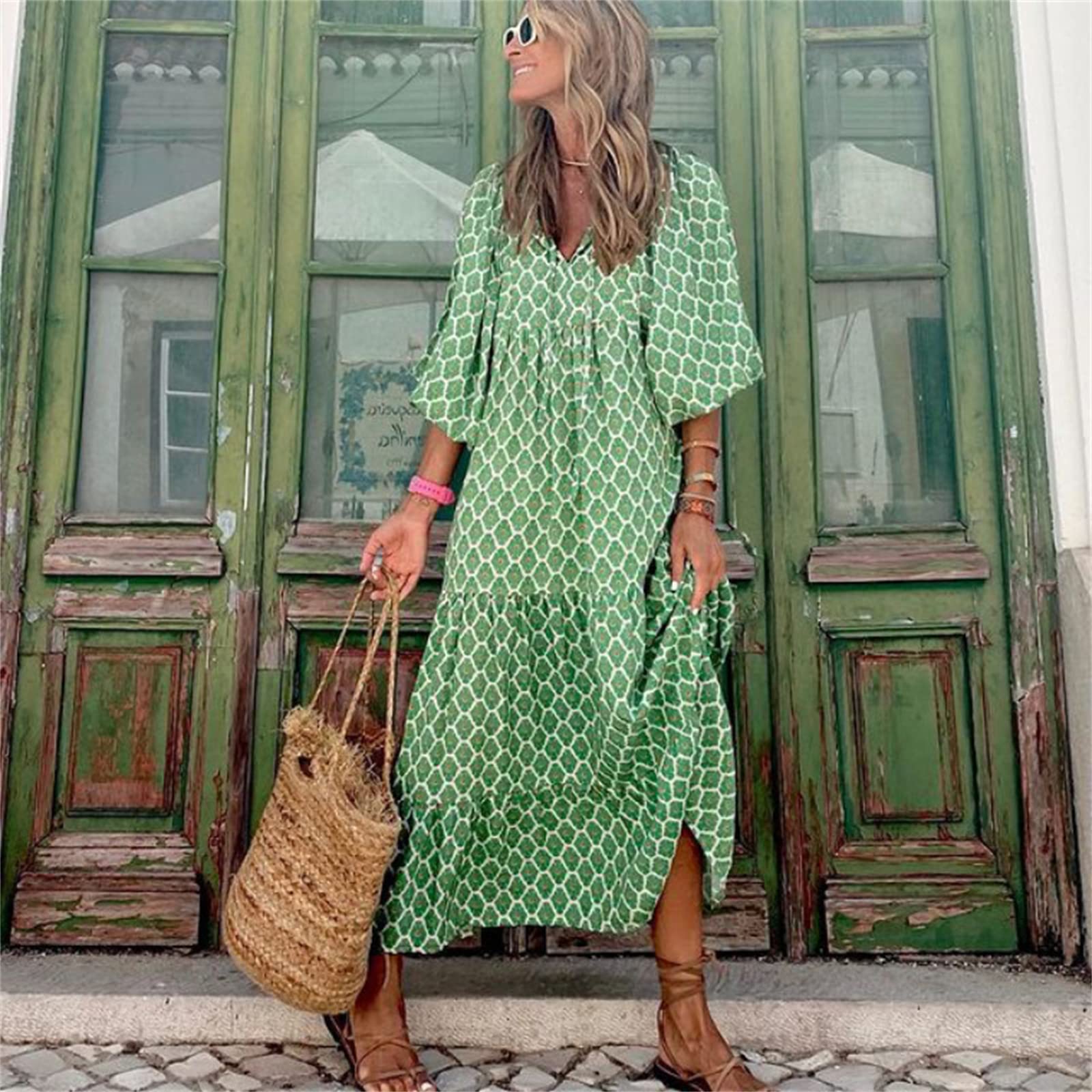 Boho Maxi Dress for Women - Short Sleeve Floral Summer Dress with Flowy Ruffle Hem | Beachwear, Vacation & Casual Outfit