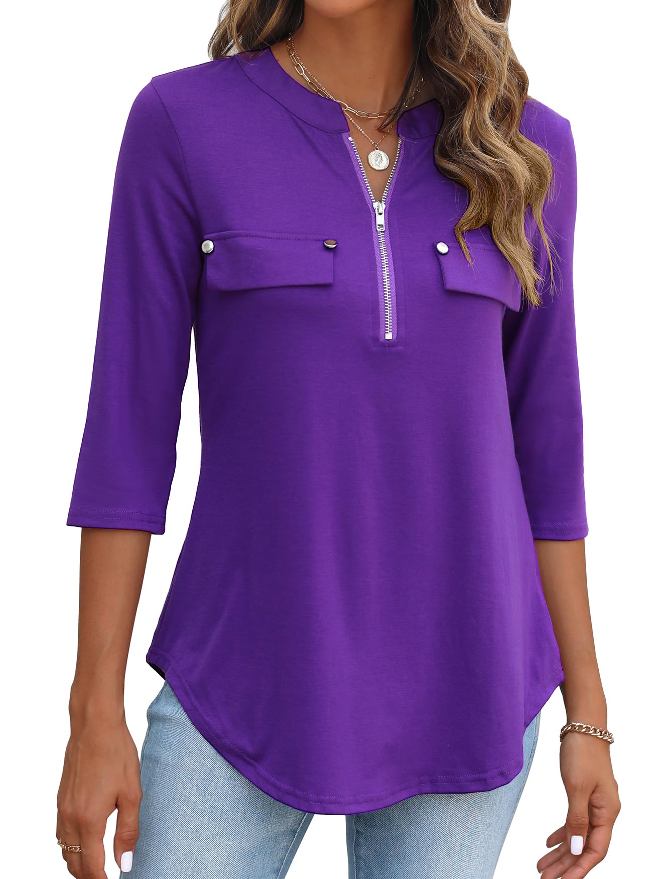 Halife Women's 3/4 Sleeve V-Neck Flowy Tunic Blouse with Zipper Details - Stylish Work Tops & Casual Shirts for Office, Date Night & Weekend Outings
