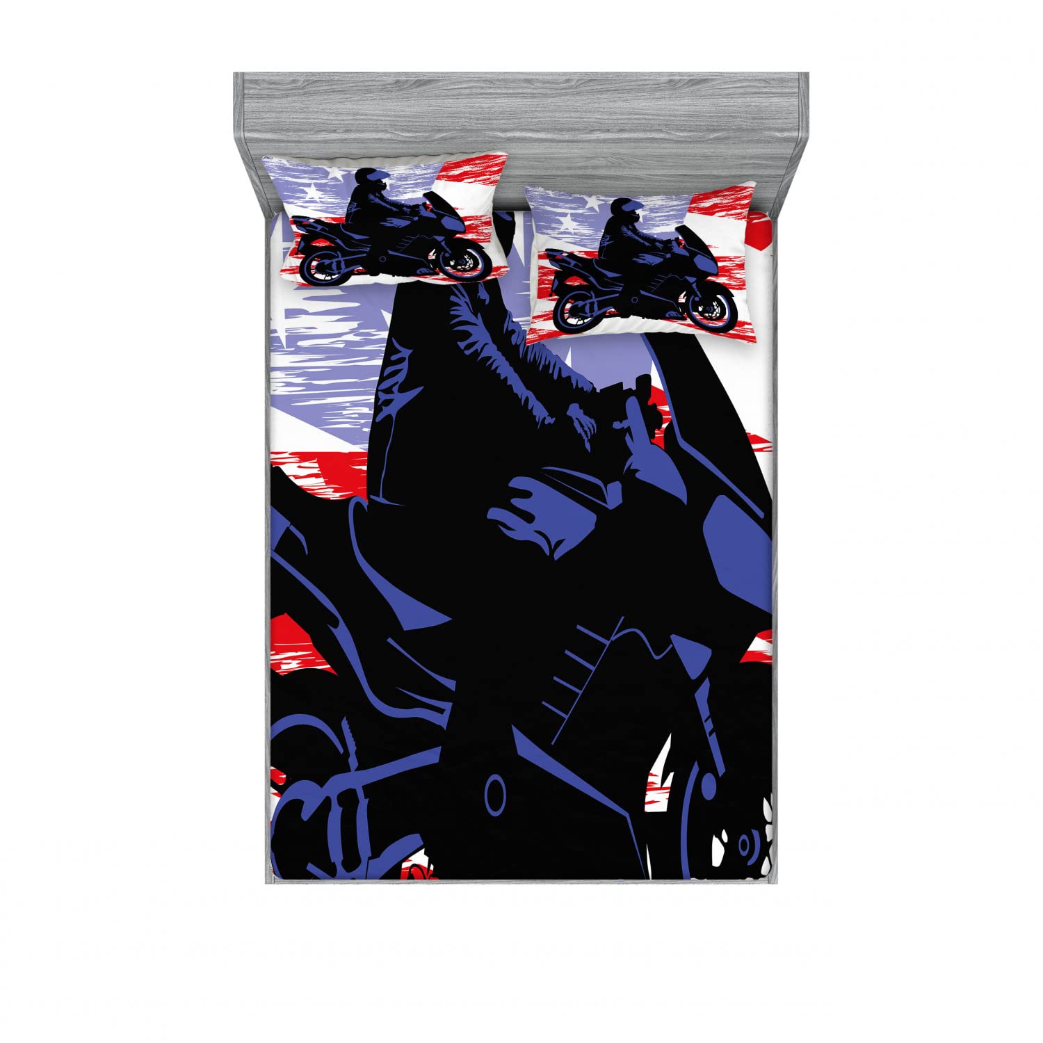 Ambesonne Motorcycle 2-Pack Full Size Fitted Sheet & Pillow Sham Set - Riding Man on USA Back Design, 4-Piece Bedding Decor (2 Fitted Sheets + 4 Pillow Covers) - Vibrant Multicolor for Biker Enthusiasts - Perfect for Motorcycle Themed Bedrooms, Man Caves & Gift Ideas