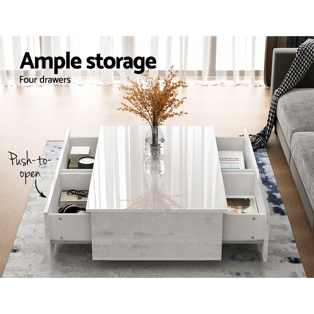 Modern White High Gloss Coffee Table with 4 Storage Drawers - Stylish Living Room Furniture for Small Spaces & Home Decor