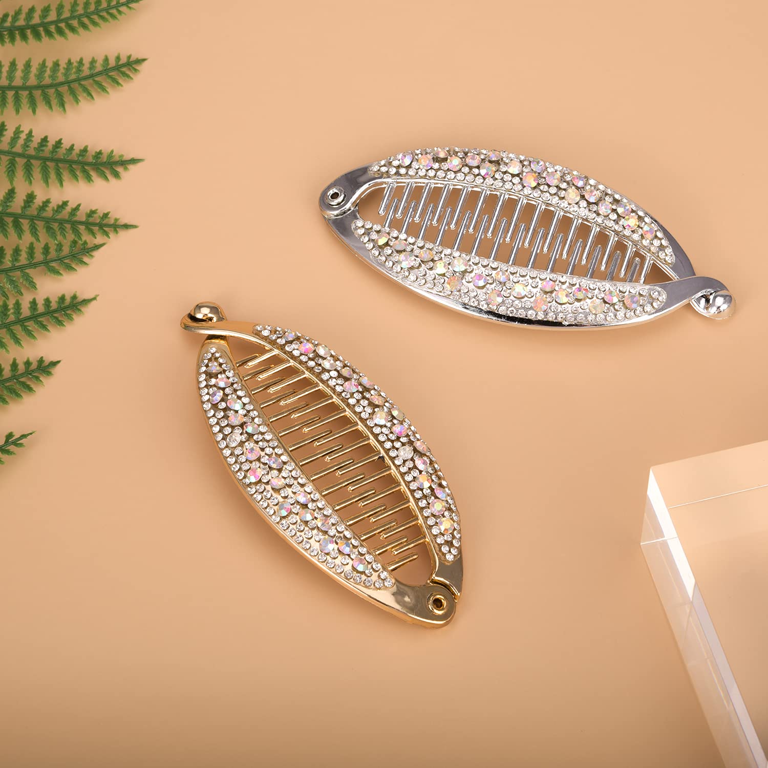 Euvoym 2-Pack Rhinestone Banana Fish Hair Clips - Fashion Hair Combs for Long Hair, Ponytail Holders, Barrettes for Women & Girls - Perfect for Parties, Weddings & Daily Styling