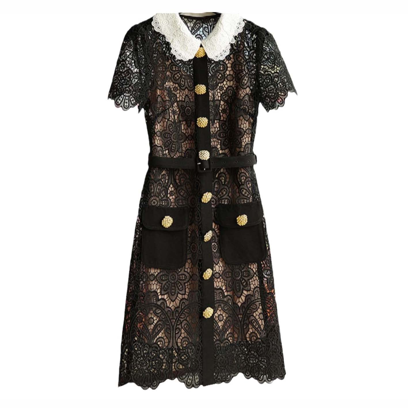 Elegant Black Lace Hollow Out Embroidery Bodycon Dress with Gold Buttons & Peter Pan Collar - Summer Short Sleeve Belted Dress for Women | Perfect for Cocktail Parties, Date Nights & Special Occasions