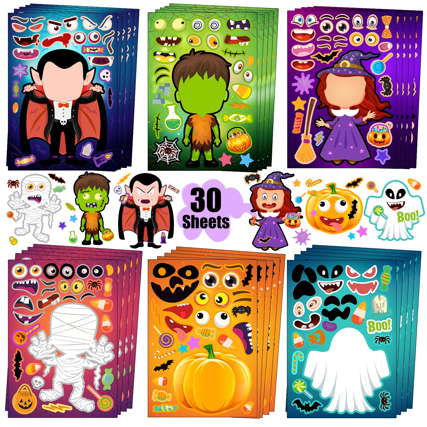 Halloween Face Stickers for Kids - 30 Pack DIY Sticker Sheets, Halloween Party Favors & Crafts - Perfect for Classroom Activities, Trick or Treat Bags, and Halloween Decorations