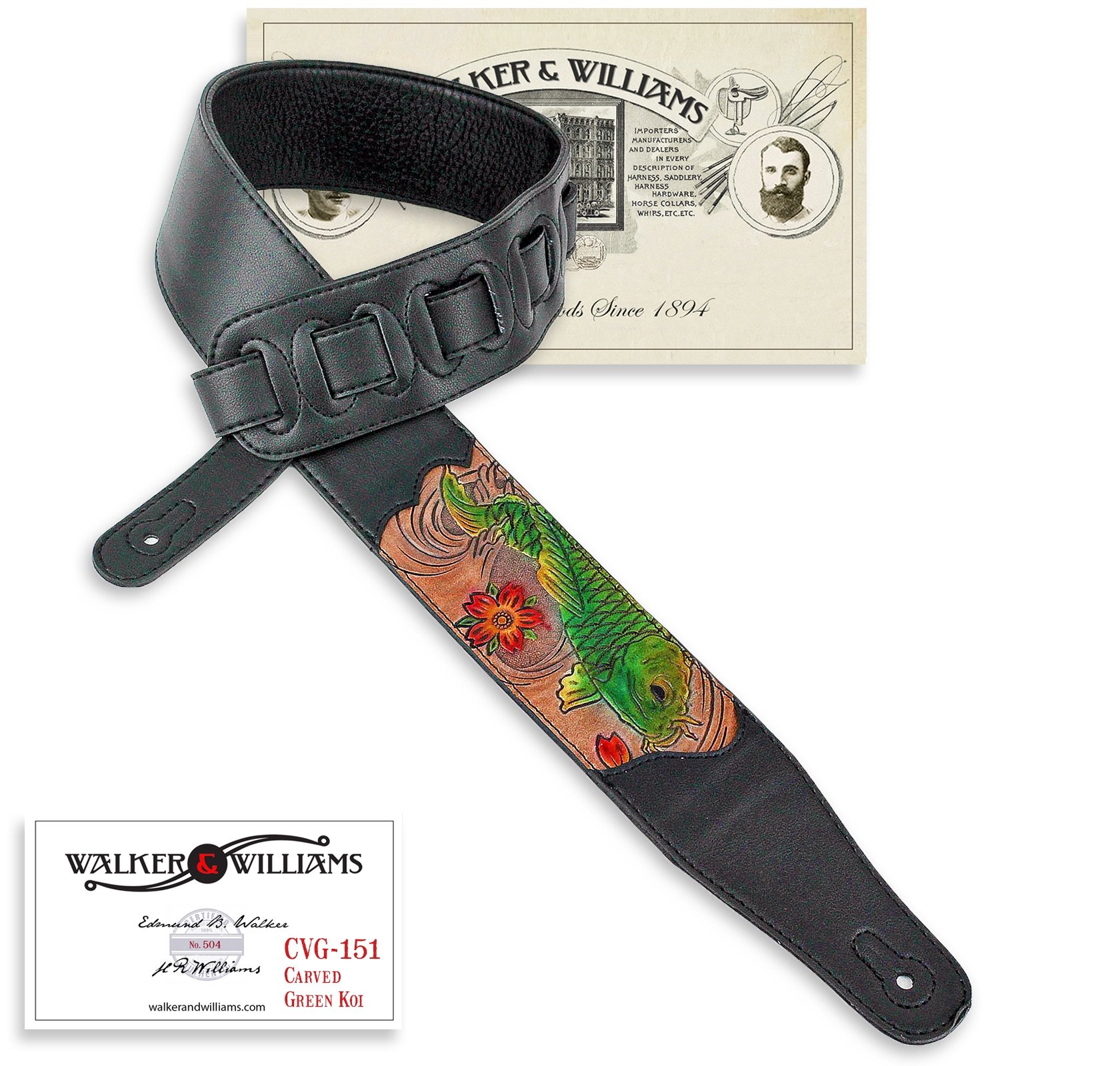 Walker & Williams CVG-161 Black Leather Padded Guitar Strap with Tooled Green Koi Fish Design - Comfortable & Adjustable for Acoustic, Electric, Bass Guitars - Perfect for Live Performances, Studio Sessions & Practice
