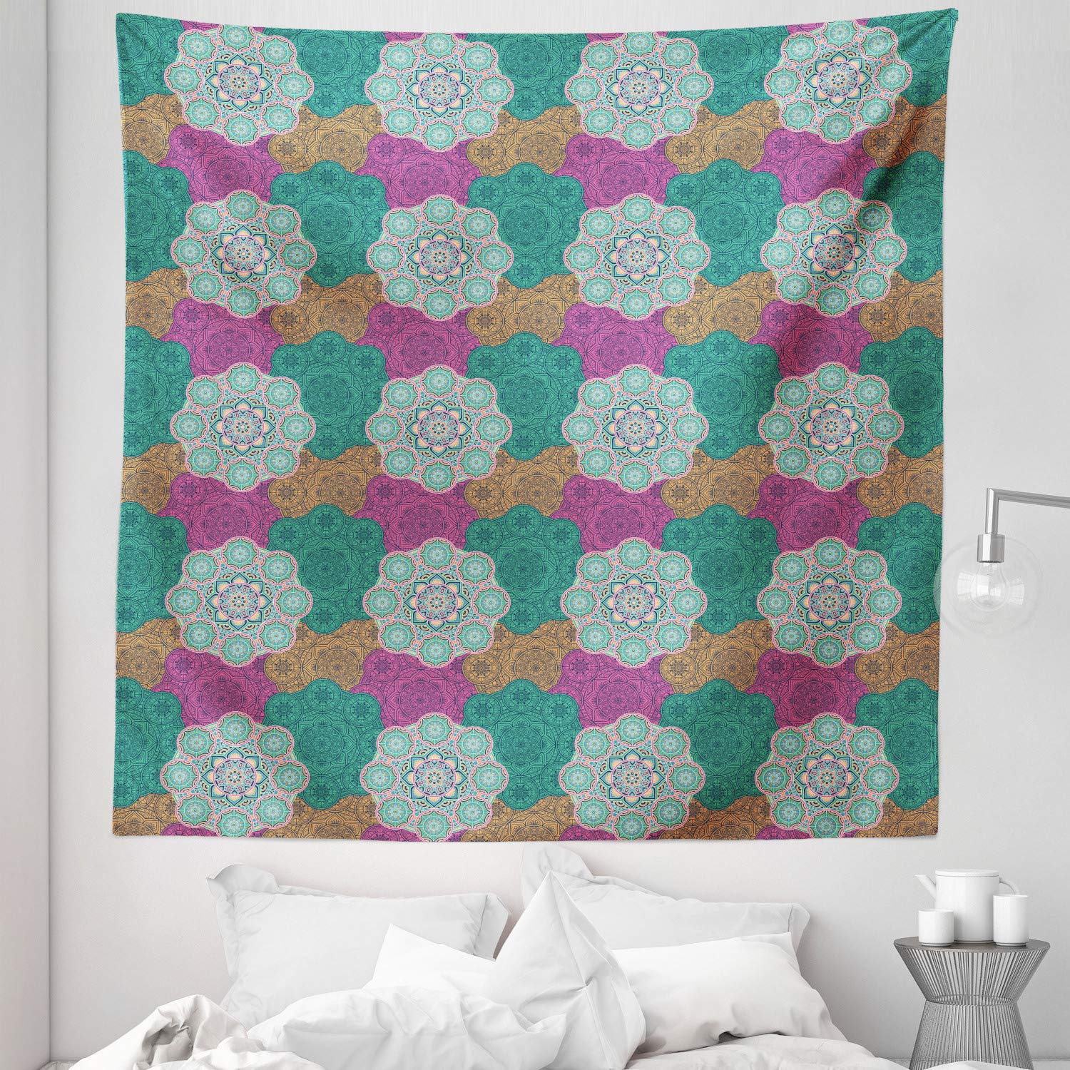 Ambesonne Floral Tapestry Queen Size 88x88 Inches - Mandala Cosmos Wall Hanging, Bedspread & Room Decor - Vibrant Multicolor Bohemian Design for Bedroom, Dorm, Yoga Studio & Meditation Space