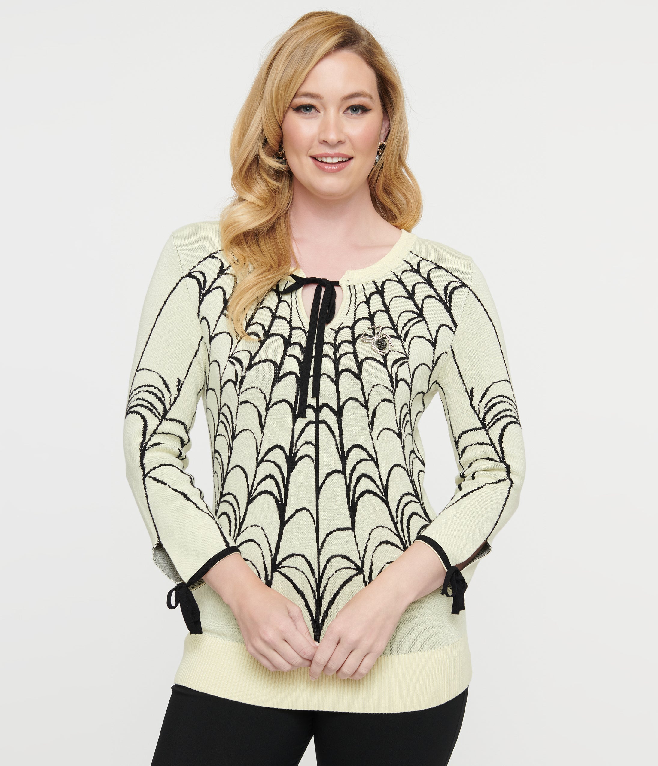 Vintage Cream & Black Spiderweb Keyhole Sweater - Gothic Halloween Pullover for Women, Perfect for Costume Parties & Fall Fashion
