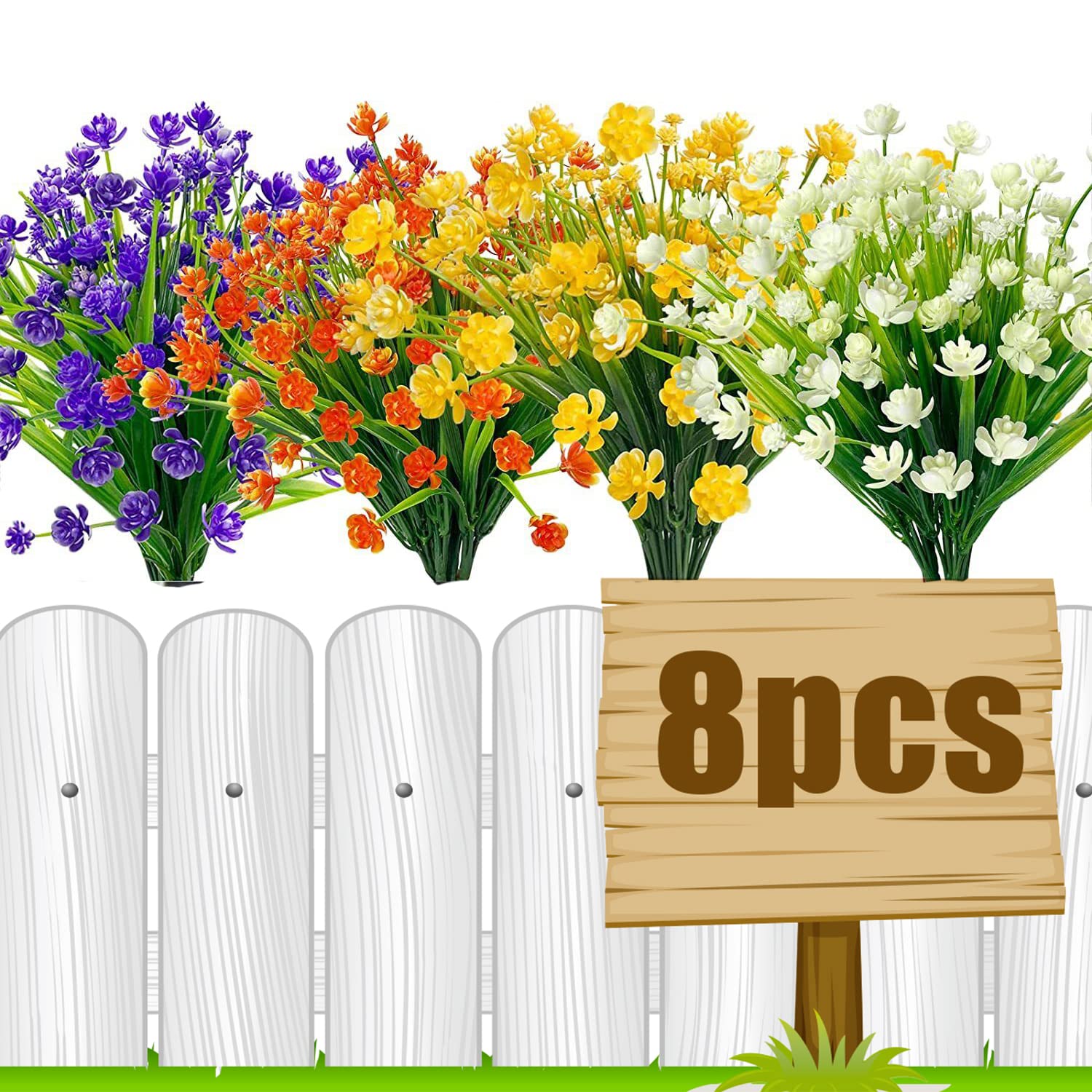 Leixi 8 Bundles UV Resistant Artificial Flowers - Fake Outdoor Plants & Faux Plastic Shrubs for Indoor/Outside Hanging Decor (Multi-Color 4) - Perfect for Porch, Patio, Garden & Home Decor