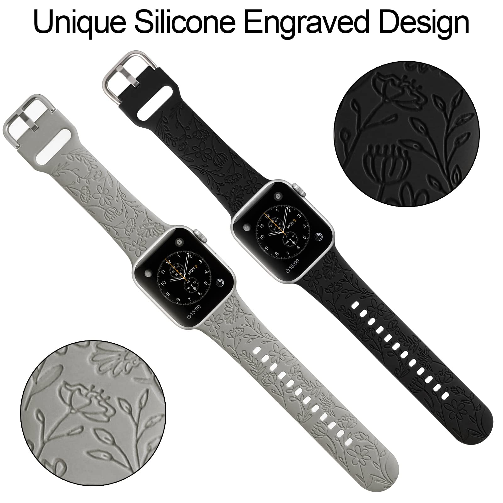2 Pack Floral Engraved Sport Strap for Apple Watch 38mm 40mm 41mm - Soft Silicone Replacement Band Compatible with iWatch Series 8/7/6/5/4/3/2/1/SE - Women's Fashion Wristband for Workout, Running & Daily Wear