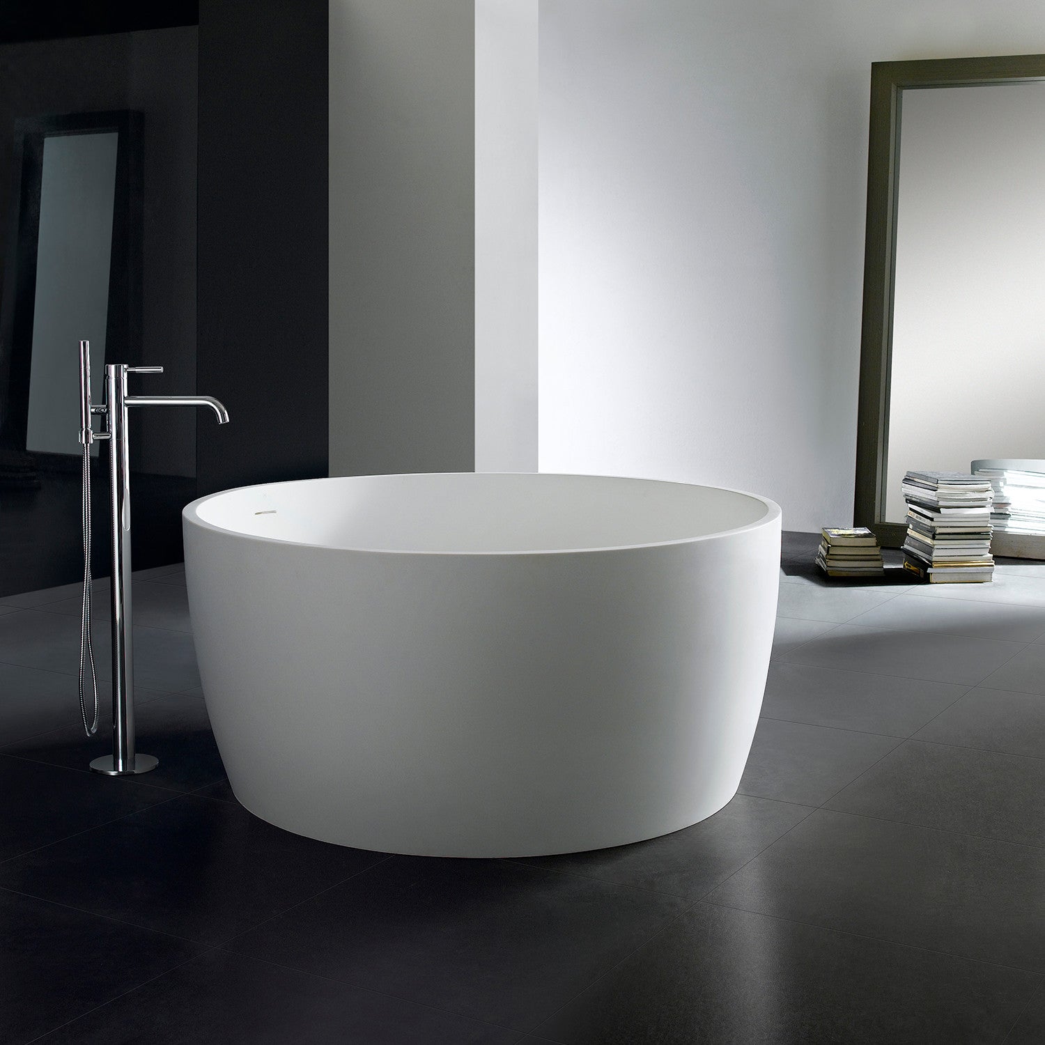 Arcticstone VRTRS515124 51-Inch Freestanding Bathtub - Matte White Solid Surface Round Double-Ended Soaking Tub with Drain - Perfect for Luxury Bathrooms & Spa Retreats