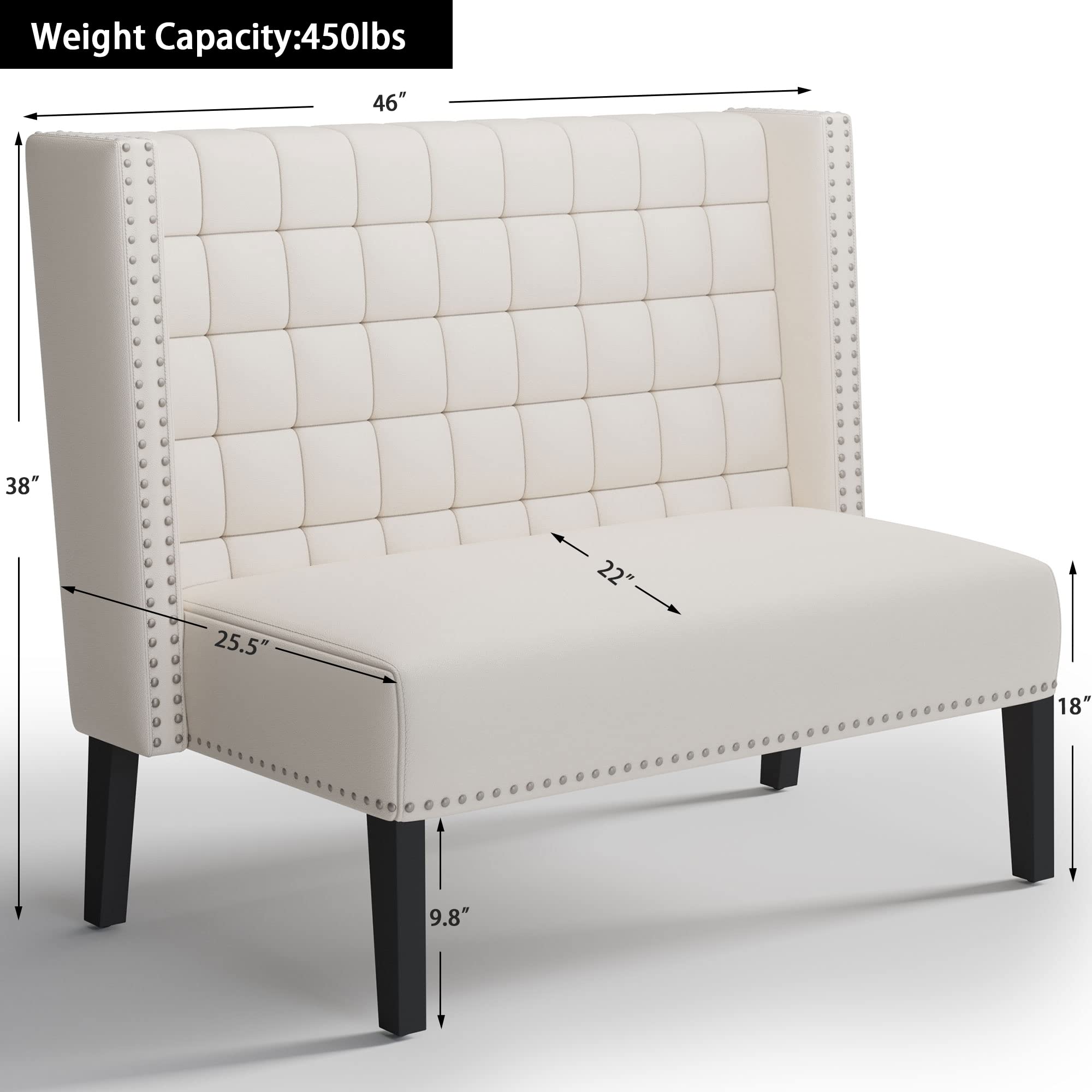 Andeworld Modern Upholstered Loveseat Settee Bench with Back - White Sofa Couch for Dining Room, Living Room, Hallway or Entryway | Comfortable Banquette Seating for Small Spaces, Apartments & Home Decor