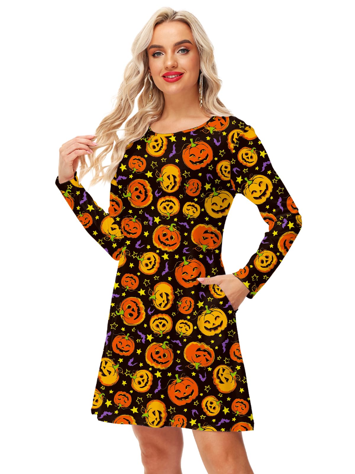 Deerose Women's Halloween Costume Dress with Pockets - Funny Long Sleeve Party Outfit for Halloween, Cosplay, Themed Parties & Costume Events