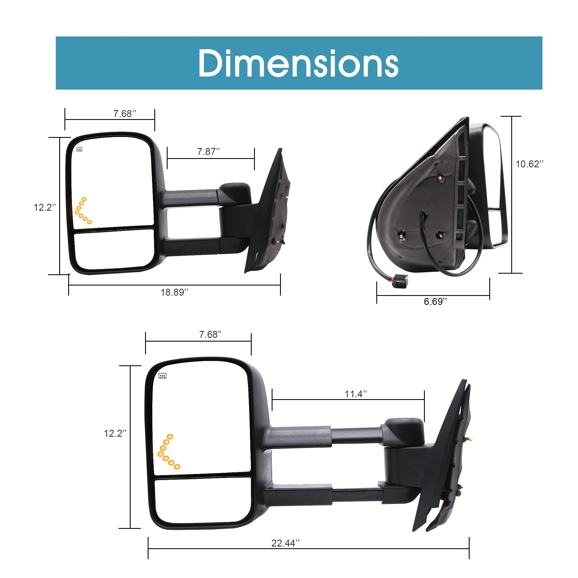 BOOLEE Power Heated Towing Mirrors for 2007-2014 Chevy Silverado 1500/2500/3500 & GMC Sierra/Yukon/Tahoe - Manual Telescopic Tow Mirrors with Arrow Turn Signal - Perfect for Towing, Camping & Off-Road Adventures (Pair, LH+RH)