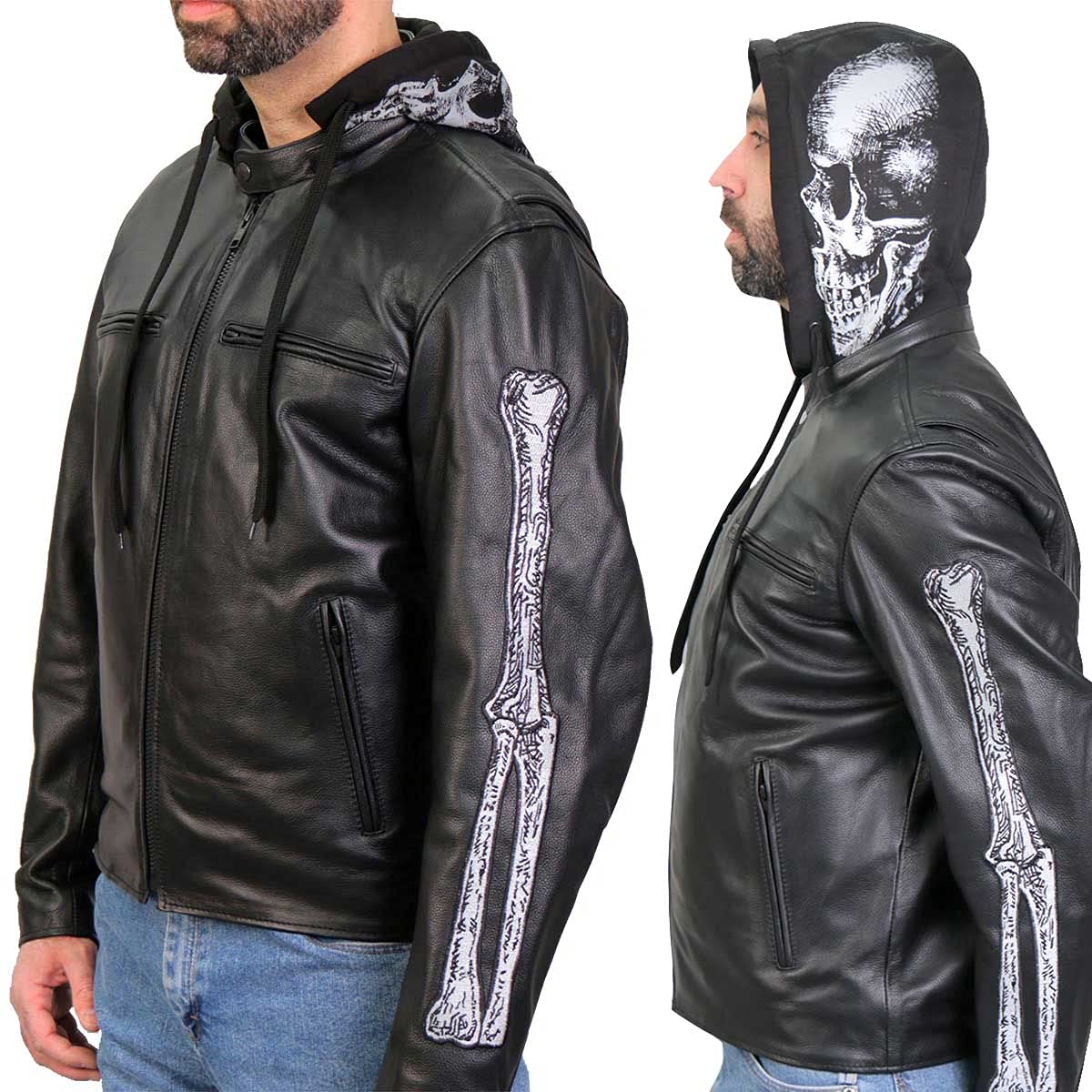 Hot Leathers JKM1031 Men's 'Skull and Bones' Biker Leather Jacket with Flannel Lining - Medium Size, Perfect for Motorcycle Riding, Casual Outfits & Winter Fashion