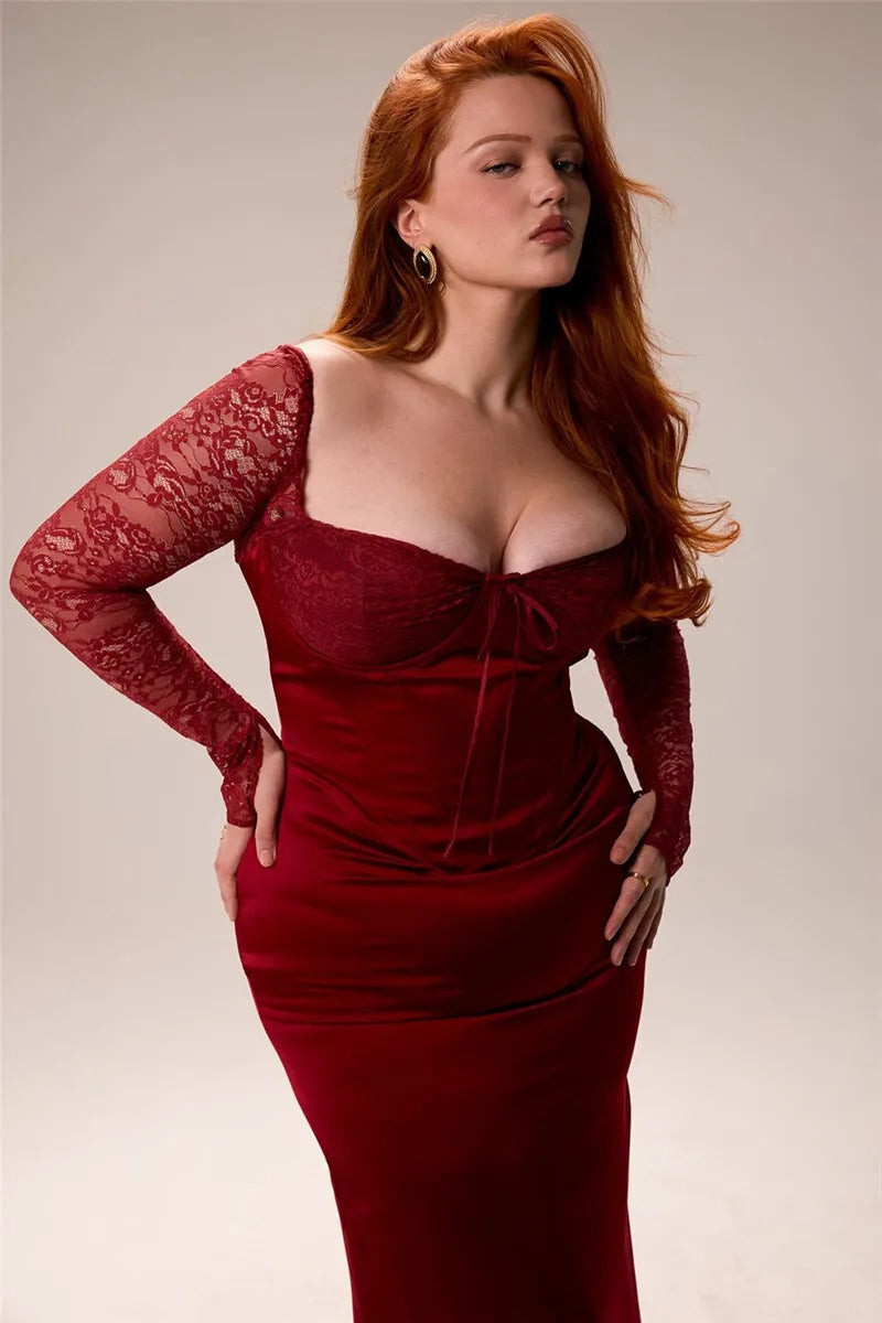 Sexy Backless Long Sleeve Maxi Dress for Women - Solid Square Neck Lace-Up Back Bodycon Club Dress with High Slit | Elegant Evening Wear for Parties, Date Nights & Special Occasions