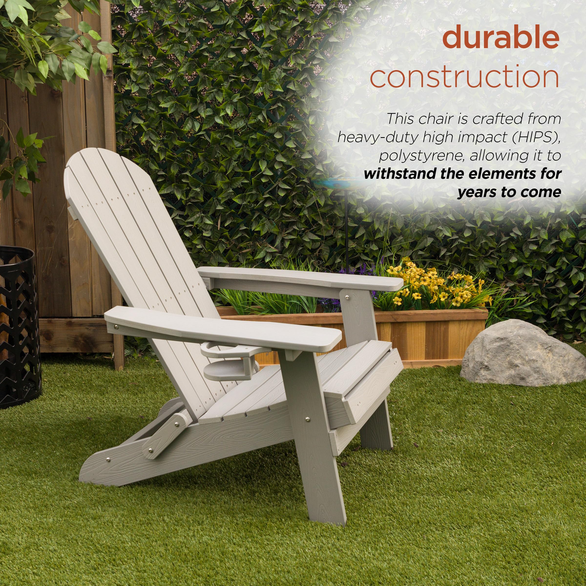 Alpine Corporation MFW104LGR Folding Adirondack Chair with Cup Holder & Ottoman - Outdoor Patio Furniture for Garden, Deck, Poolside & Backyard Relaxation - 38 Inch Height, Gray