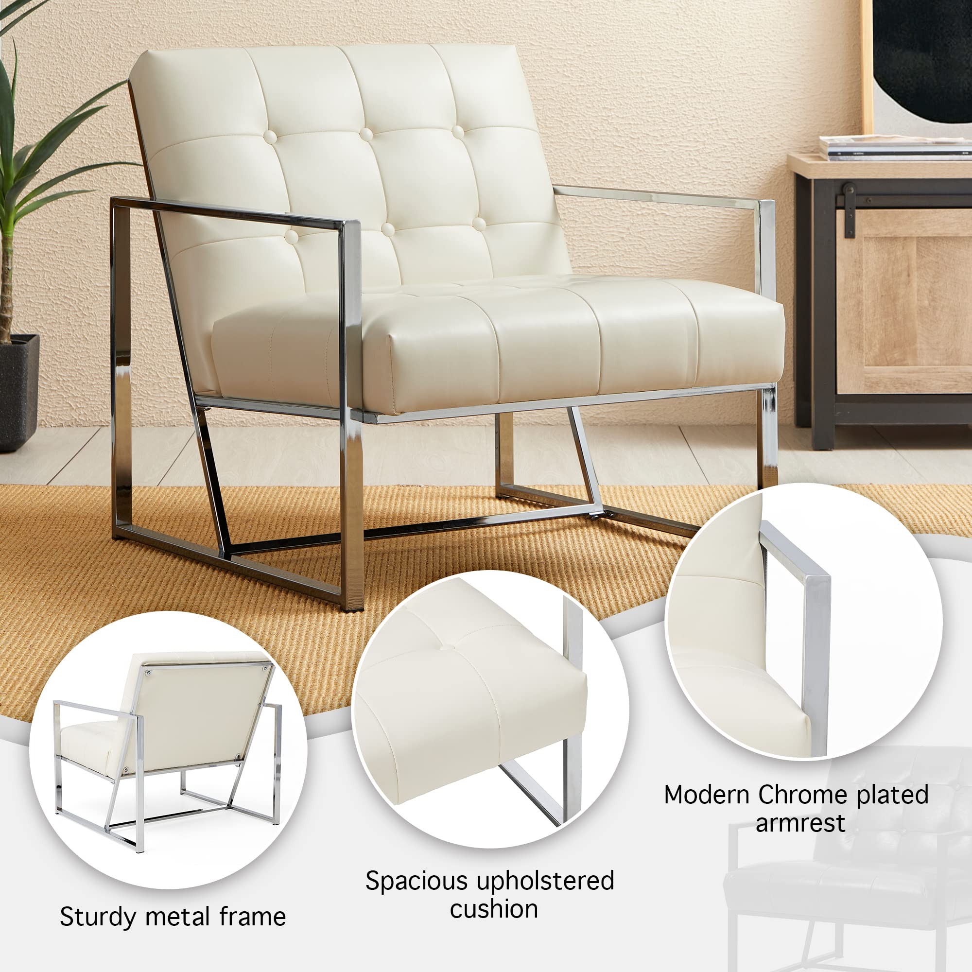 Glitzhome Mid Century Modern Accent Chair - Durable Metal Frame & PU Leather Cushioned Armchair for Living Room, Bedroom, Home Office - Off White | Perfect for Reading Nooks, Lounge Areas & Contemporary Decor