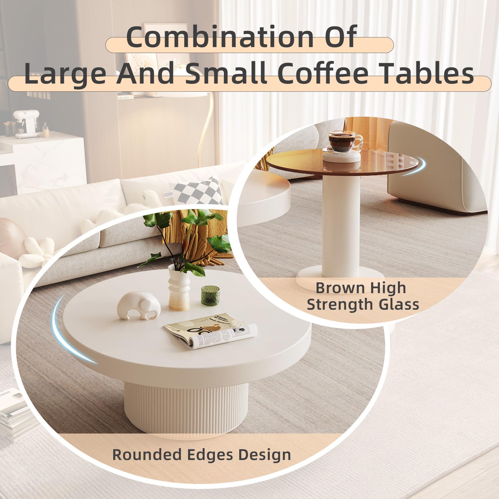Modern 2-in-1 Round Nested Coffee Table Set - Creamy White Coffee Table with Tempered Glass Side Table - Space-Saving End Tables for Living Room, Bedroom & Small Spaces - Perfect for Coffee Time, Reading Nook & Home Decor
