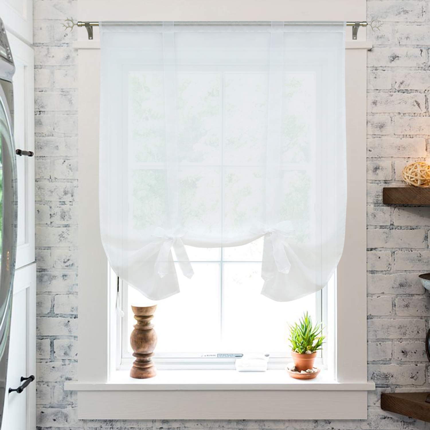 Elegant Balloon Shades with Bowknot Tie-Up - Sheer Voile Roman Window Curtain with Rod Pocket - 1pc White (31