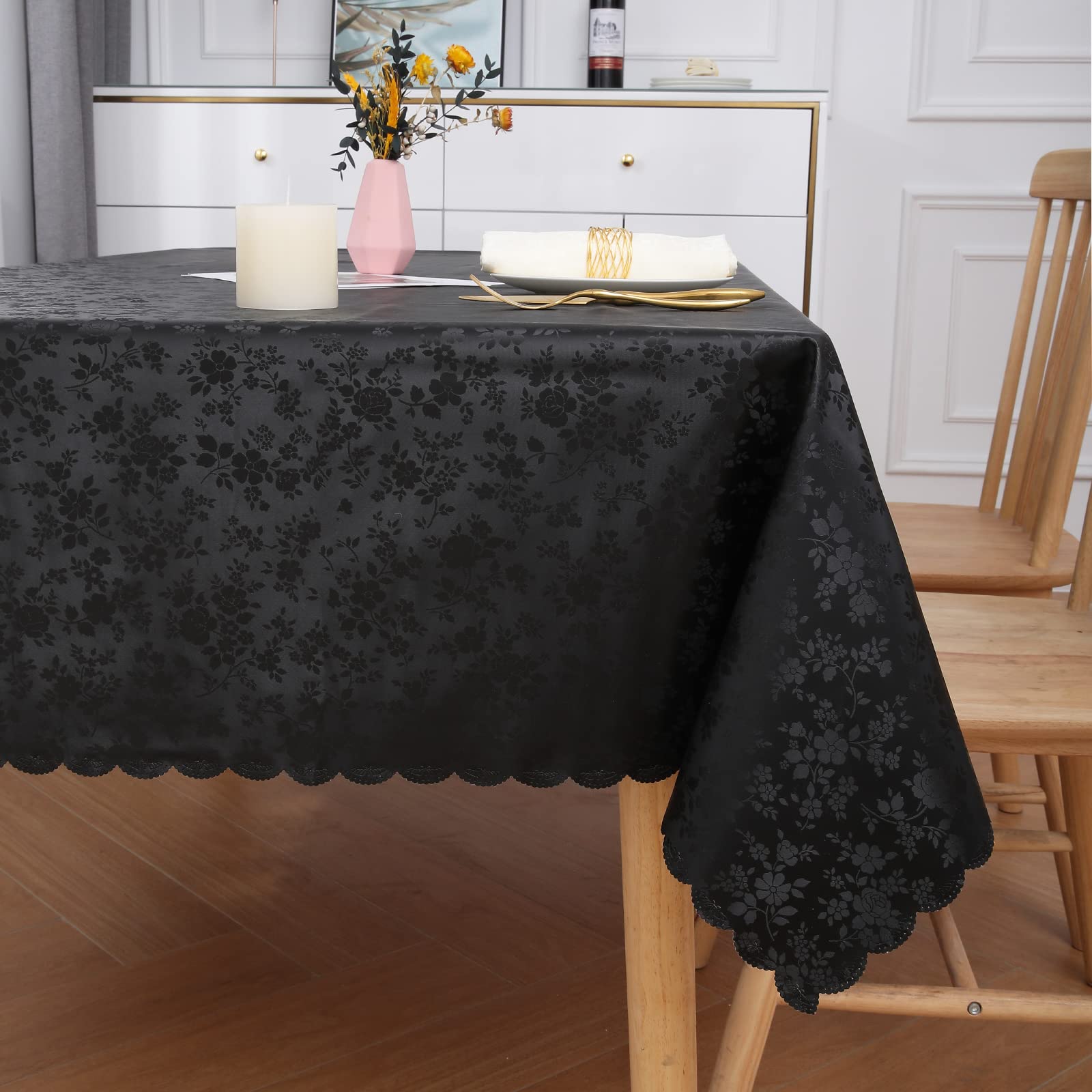 Smiry Rectangle Waterproof Vinyl Tablecloth - Heavy Duty, Wipeable, Washable Kitchen & Dining Room Table Cover (Black, 60