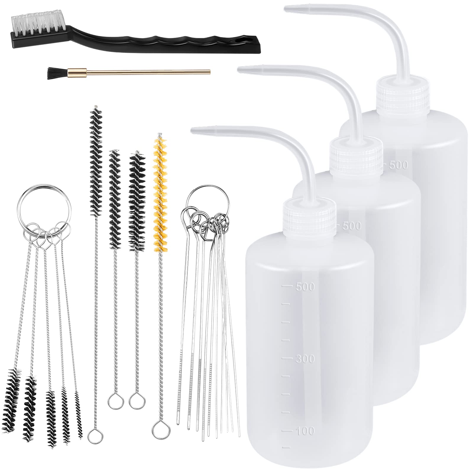 Roshtia 24-Piece Spray Gun Cleaning Kit – Includes 3 Wash Bottles & 21 Cleaning Brushes for Paint Guns – 500ml Plastic Squeeze Bottles & Tube Brushes – Perfect for Automotive, DIY, and Professional Spray Painting Projects