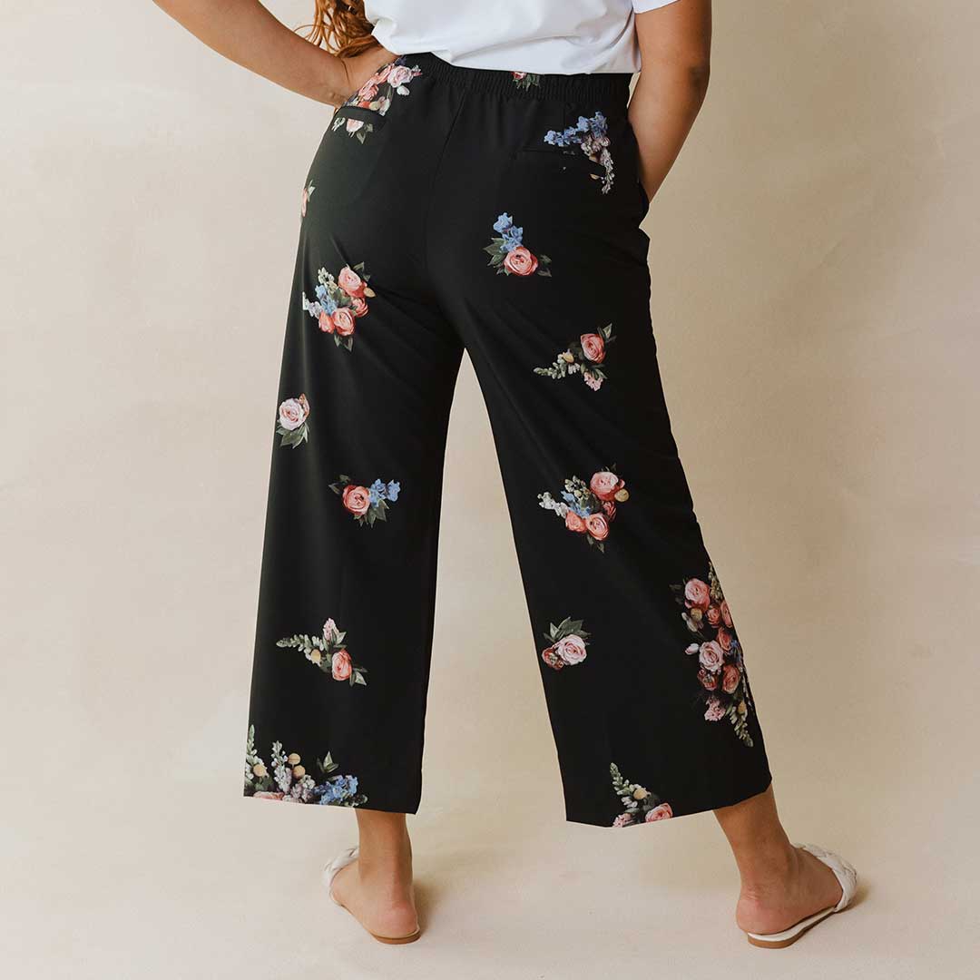 Audrey Wide Leg Pants for Women - Rose Black Floral Print High Waisted Palazzo Trousers | Office Wear, Casual Outfits & Special Occasions