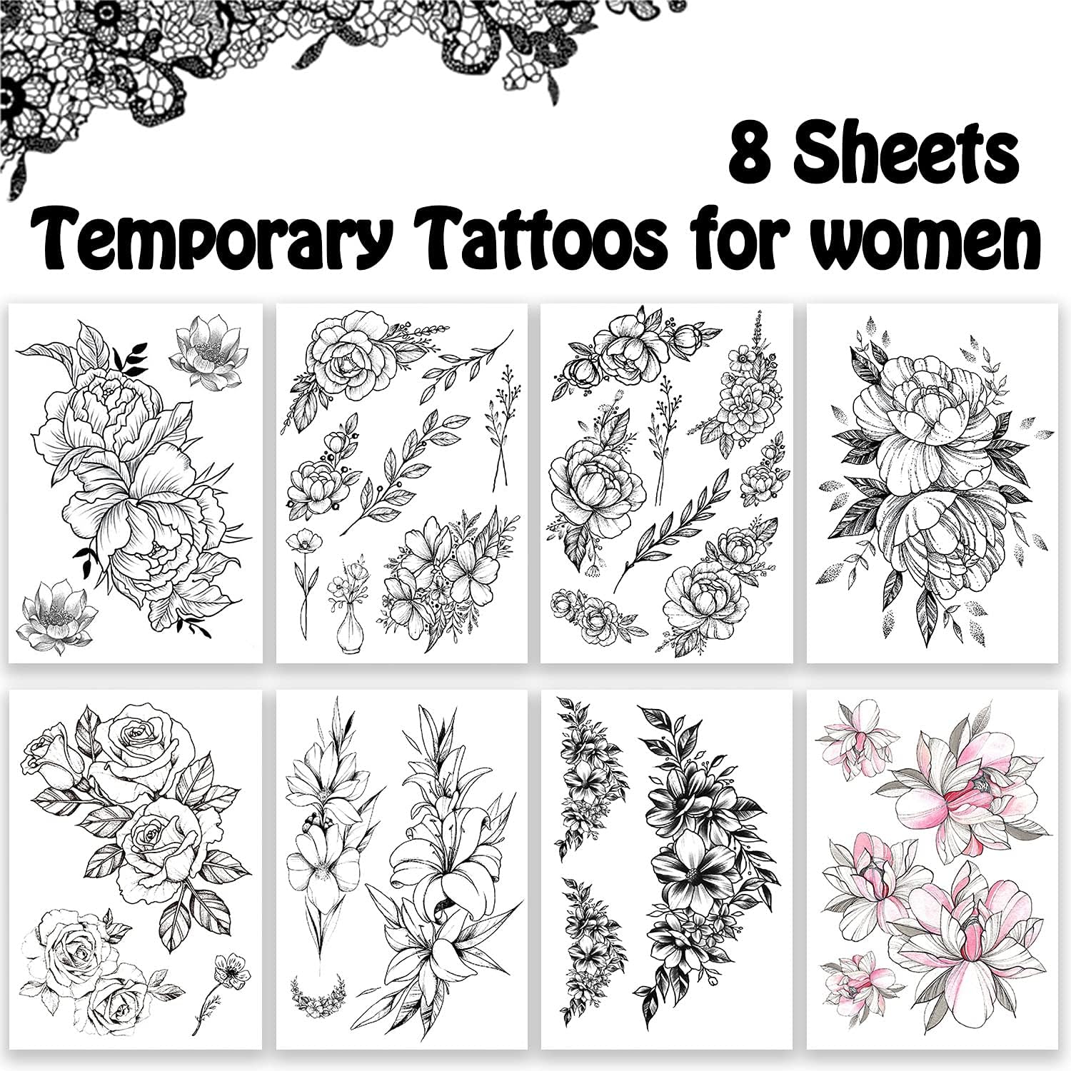 Premium Temporary Tattoos for Women - 32 Realistic Flower & Henna Designs | Waterproof Long-Lasting Fake Tattoo Stickers Kit (8 Sheets) | Perfect for Leg, Arm & Body Art | Festival, Beach & Summer Makeup Looks