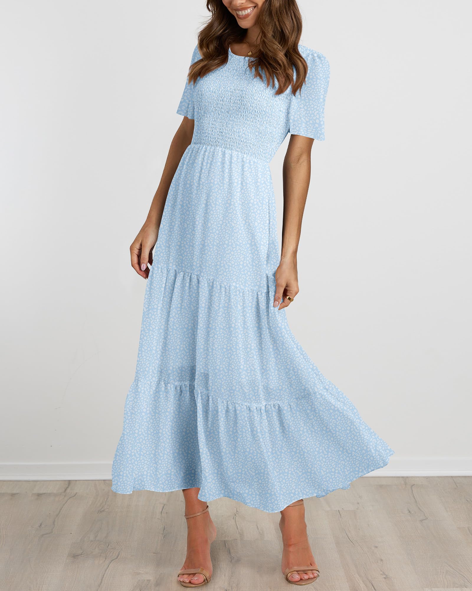 BTFBM Women's Bohemian Floral Print Short Sleeve Maxi Dress - Casual Summer Tiered Cocktail Dress with Crew Neck & Flowy Design | Perfect for Beach Vacations, Music Festivals, and Date Nights