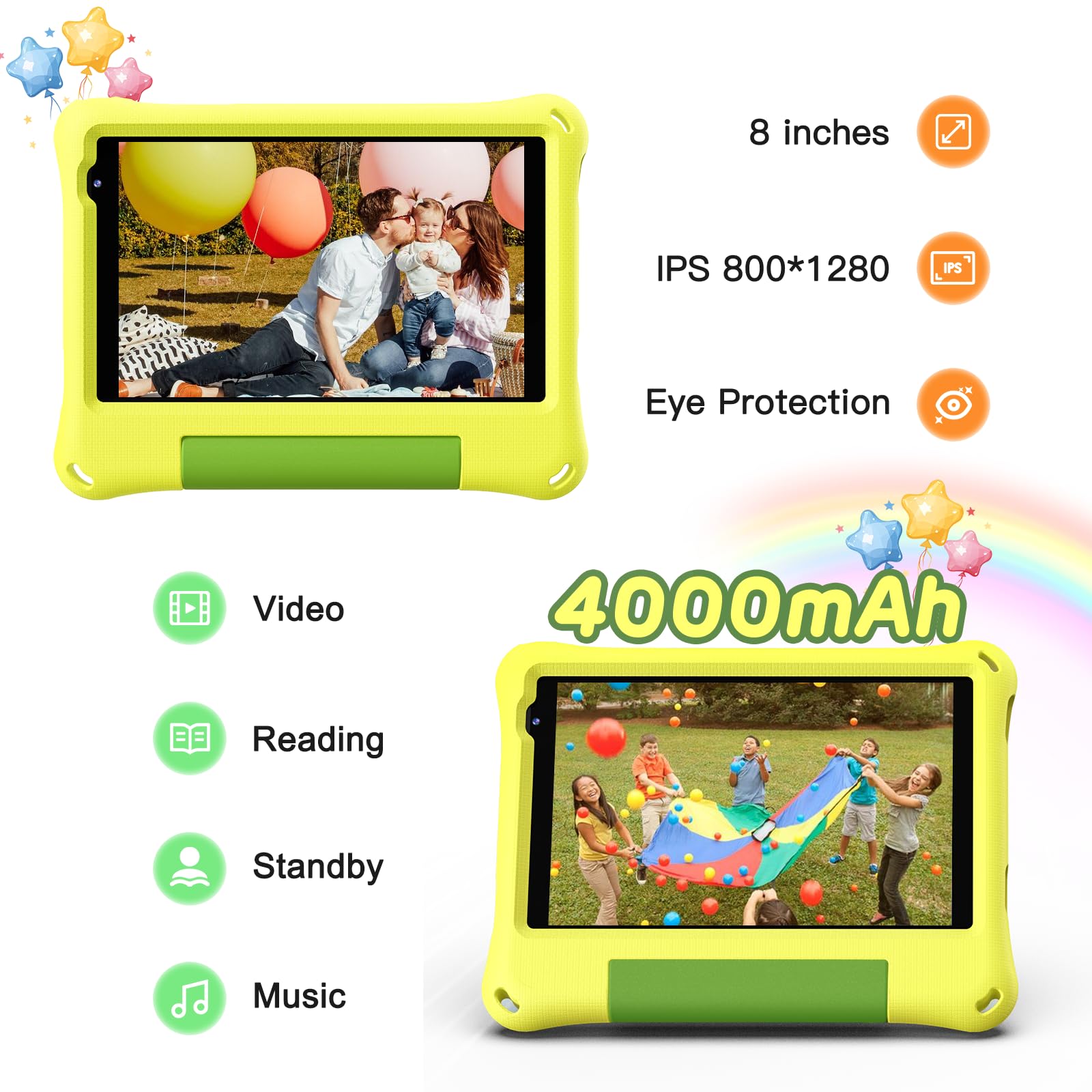 Android 14 Kids Tablet 8 Inch - Octa-Core 8GB RAM 64GB Storage - Child Learning Tablet with WiFi 6, Bluetooth 5.4, Parental Control & EVA Protective Case - Perfect for Toddler Education, YouTube Kids & Home Learning (Yellow)
