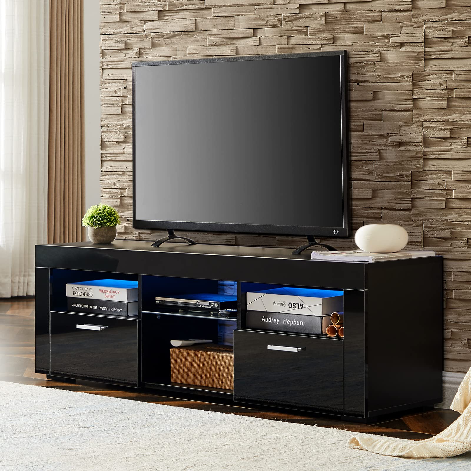 16 Color Changing LED TV Stand with Storage Cabinet - High Glossy Finish Entertainment Center for Living Room (51