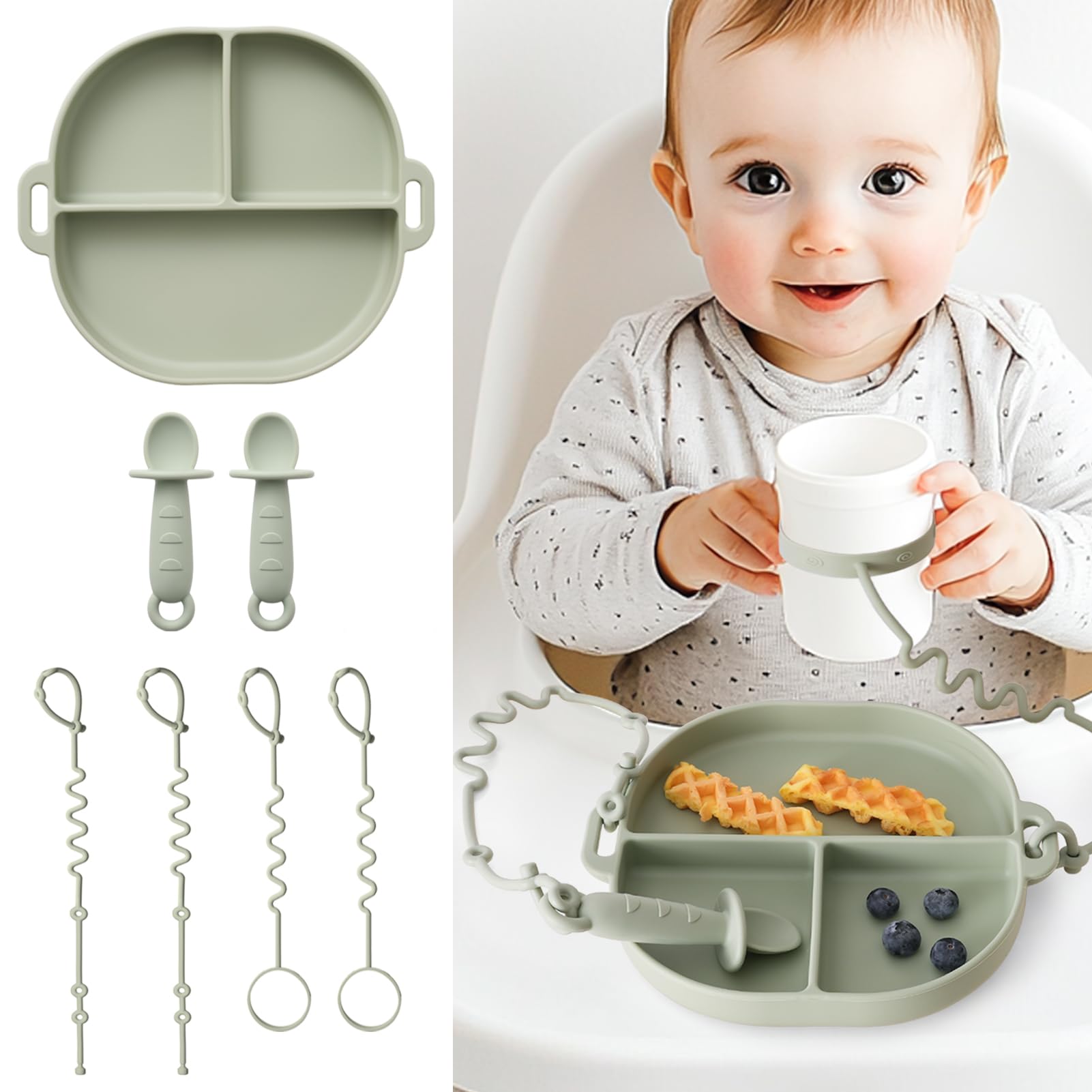 Non-Toxic Silicone Divided Baby Plates with Suction Base & Safety Spoons - BPA-Free Infant Feeding Set with Toy Straps & Bottle Bungees - Perfect for Toddler Mealtime, High Chair Use, and On-the-Go Feeding - Sage Green