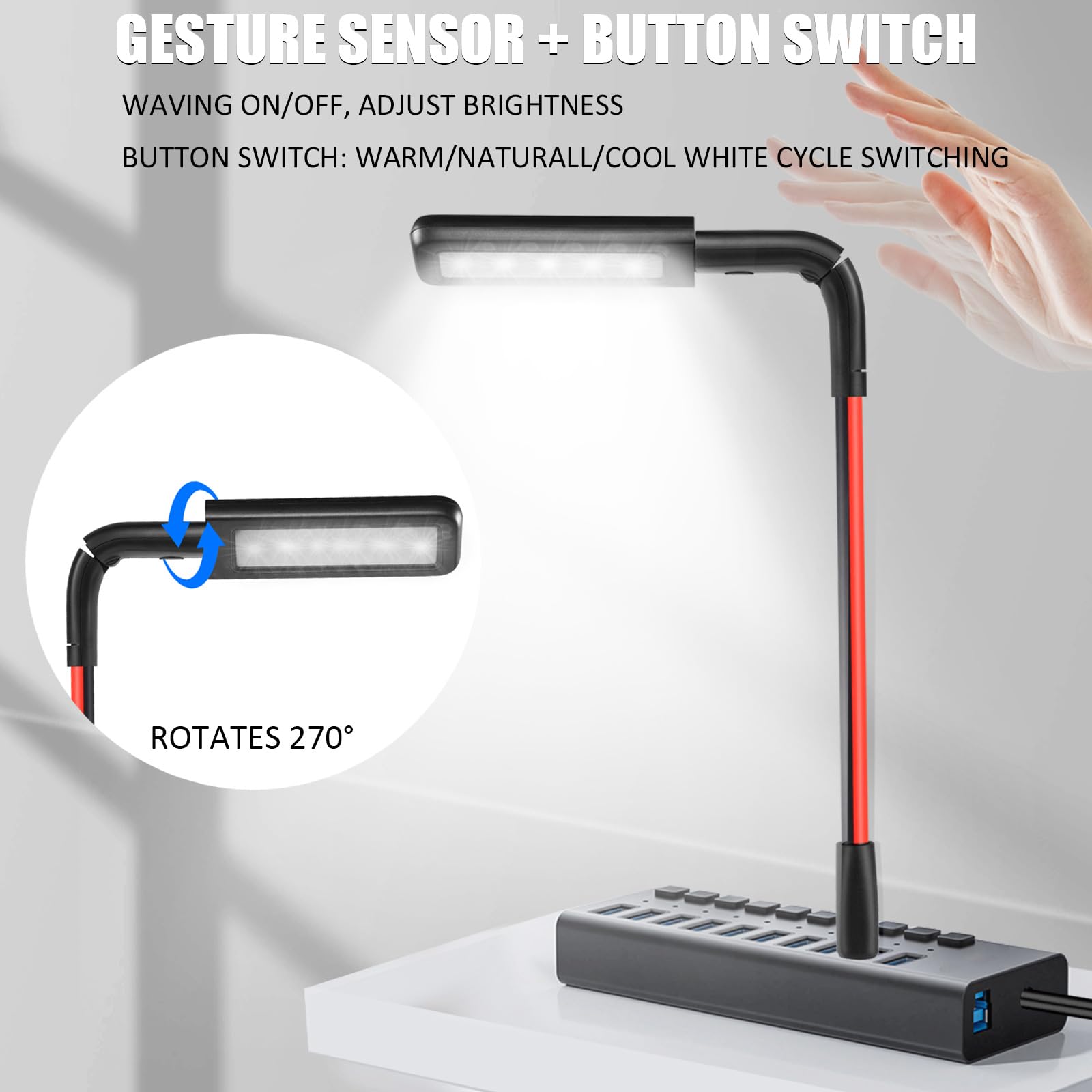 USB LED Light for Laptop - 3 Color Temperature Adjustable, Gesture Sensing, Stepless Dimming Eye-Care Reading Lamp | Flexible Portable USB Light for Keyboard, Camping, Office & Night Reading