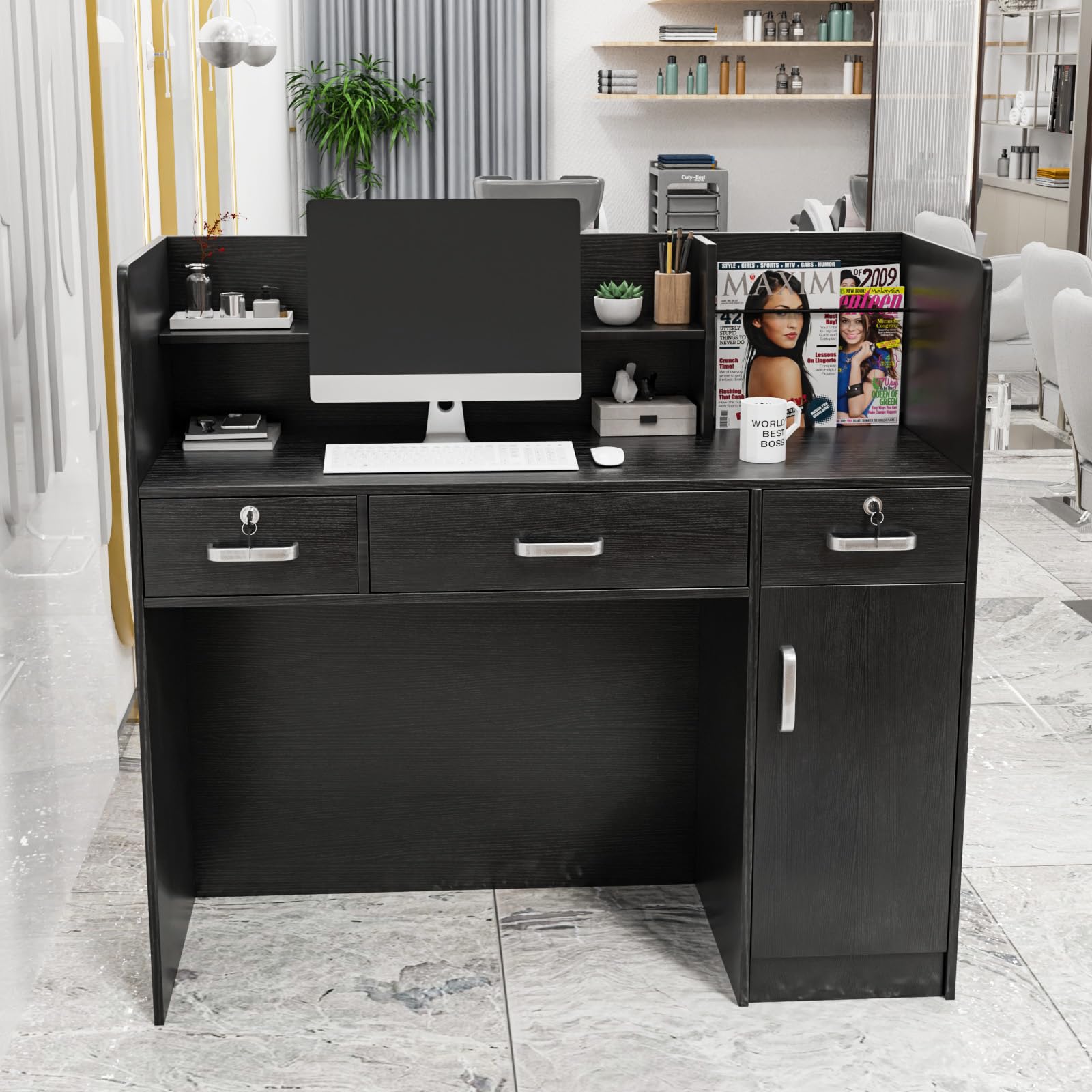 Modern Reception Desk with Lockable Drawers & Adjustable Shelves - 47.2