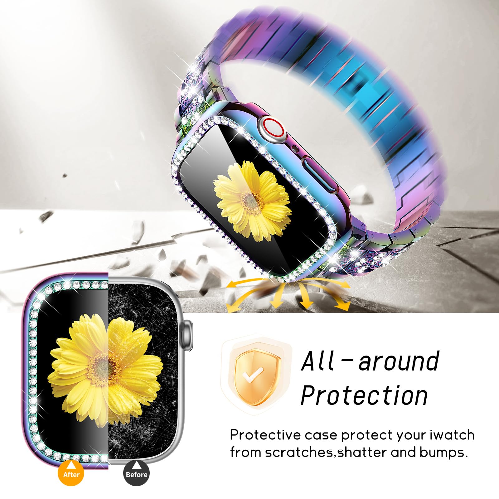 Mesime Compatible Apple Watch Band 38mm 40mm 41mm 42mm 44mm 45mm 46mm with Screen Protector Case - 2 Pack Jewelry Replacement Bands for iWatch Series 10/9/8/7/6/5/4/3/2/1/SE - Perfect for Women's Fashion, Workout Protection & Daily Wear