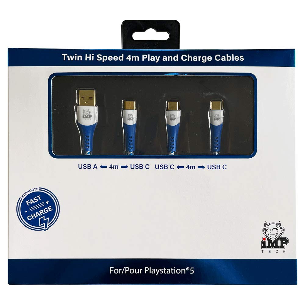 iMP Tech PS5 High Speed 4M Play & Charge Cable Twin Pack - Fast Charging USB-C Cable for PlayStation 5 Controller - Perfect for Gaming, Streaming & Long Play Sessions