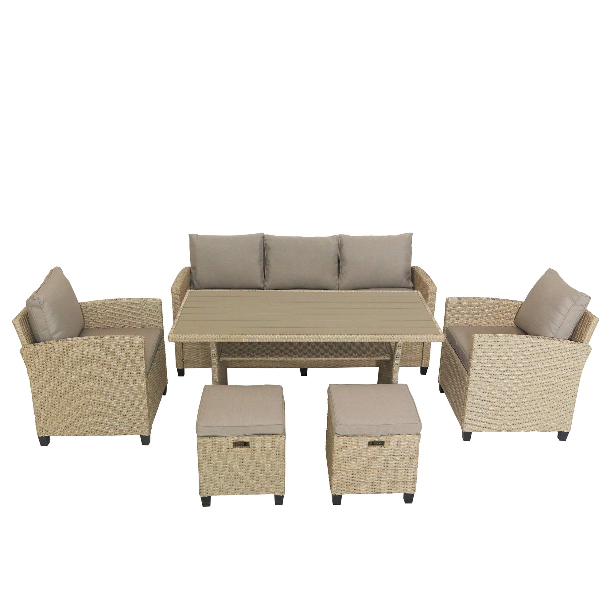 All-Weather 6-Piece Outdoor Dining Table Set with Rattan Wicker Sofa, Wood Table & Stools - Brown Patio Furniture for Garden, Backyard, and Poolside Relaxation