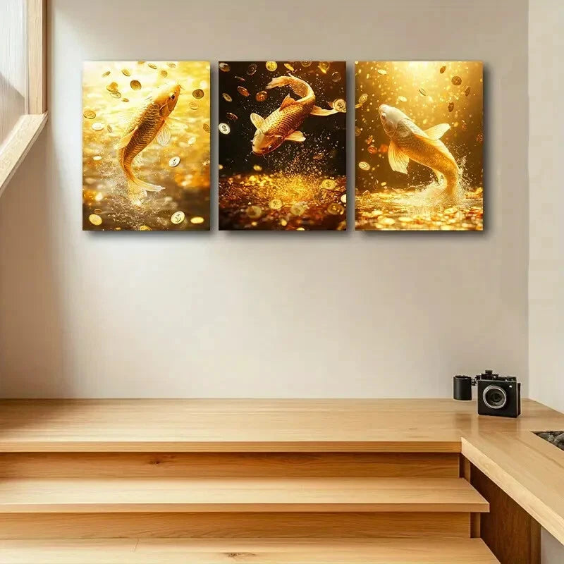 3pcs Golden Carp Metal Wall Art Prints - Ready to Hang Home Decor for Living Room, Bedroom & Office - Perfect for Asian Inspired Interior Design