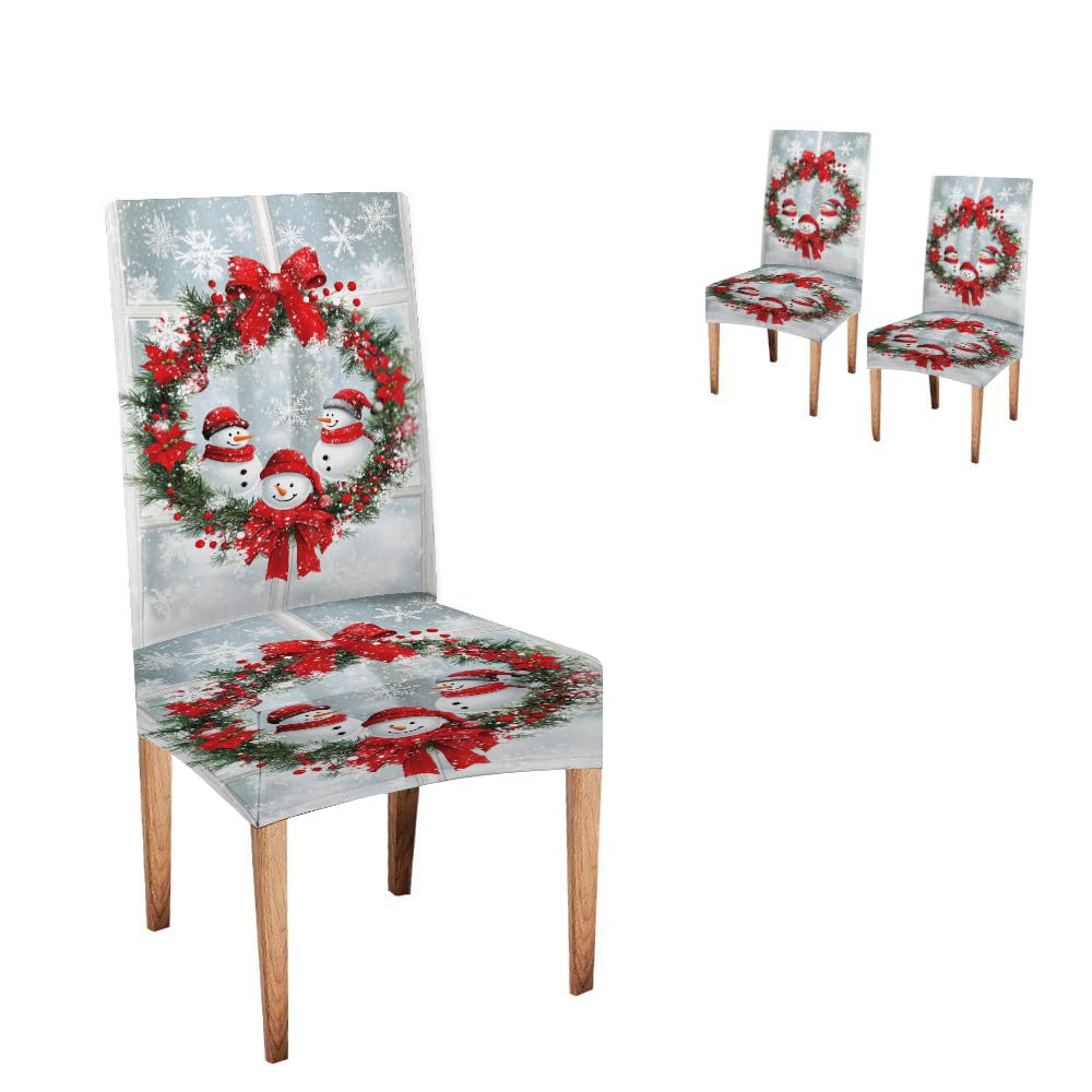 EMMTEEY Stretchy Christmas Dining Chair Covers Set of 2 - Washable Winter Wonderland Snowmen & Wreath Design Chair Protectors for Holiday Parties, Family Gatherings & Festive Home Decor
