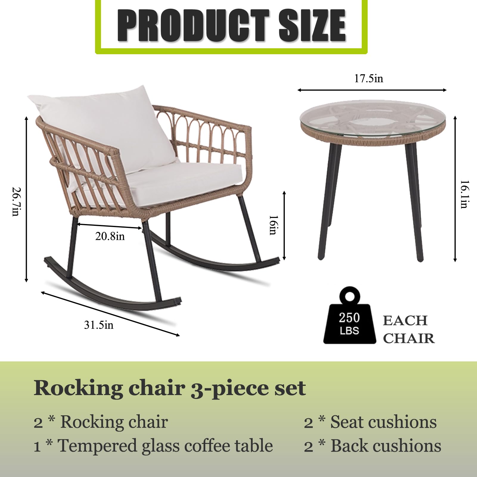 Boho Outdoor Rocking Chair Set - 3-Piece Wicker Rattan Patio Furniture with Glass Table & Waterproof Cushions for Balcony, Garden, or Backyard Relaxation