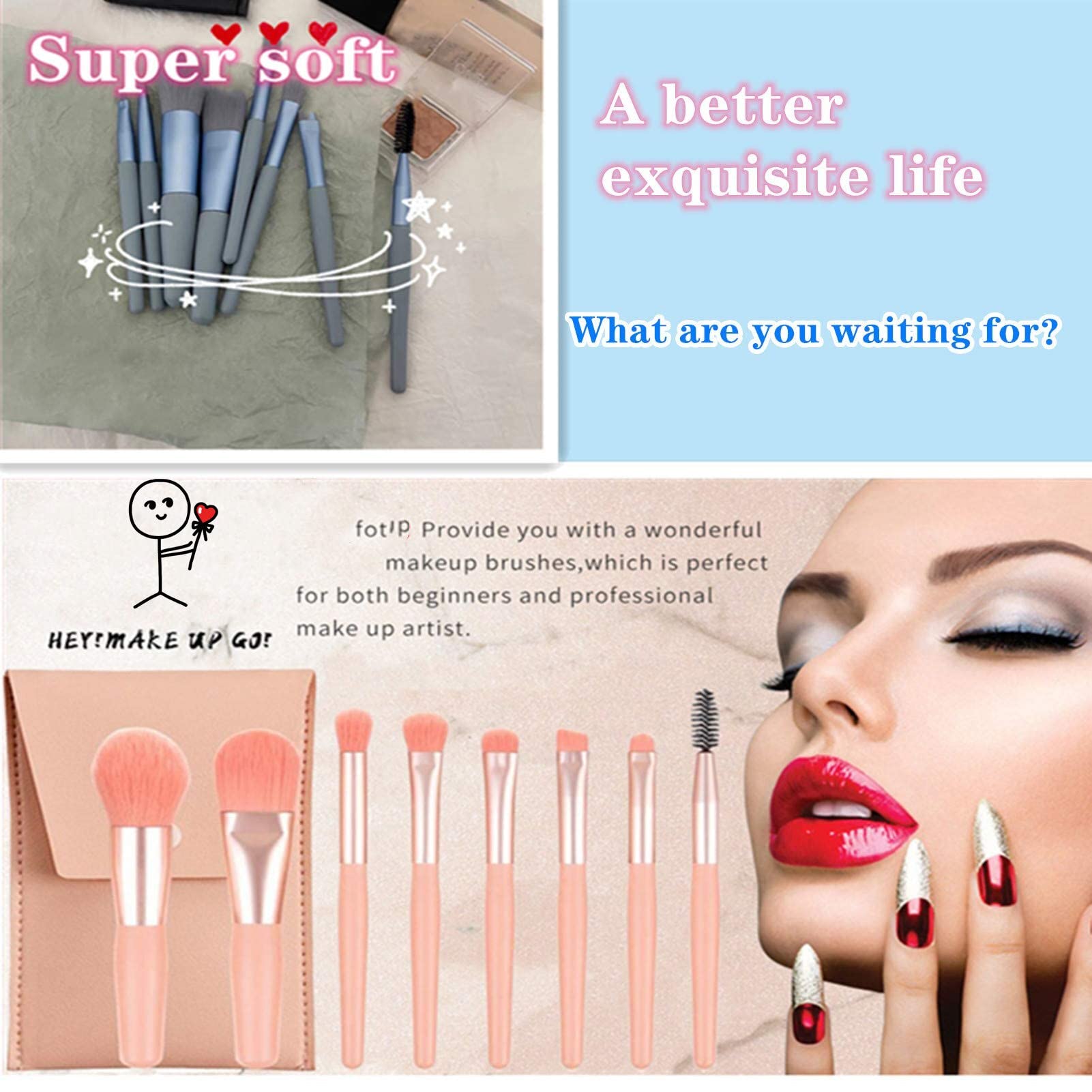 8PCS Mini Portable Makeup Brush Set - Synthetic Foundation, Powder, Blush, Concealer, Eyelash, Lip & Brow Brushes with Storage Bag | Perfect for Travel, Daily Makeup & Professional Cosmetics Application