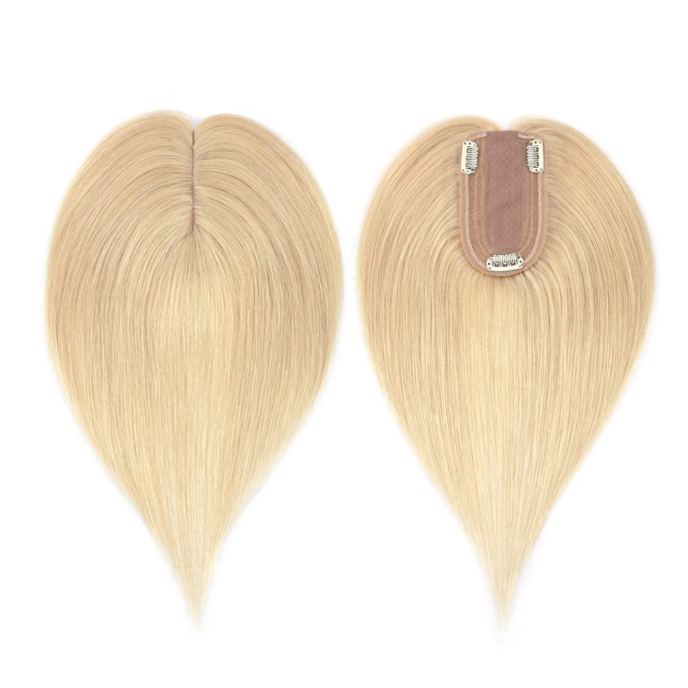 MY-LADY Human Hair Toppers for Women - 150% Density Remy Hair Topper with Silk Base (7x13cm, No Bangs) - Clip in Hairpiece for Thinning Hair - 10 Inch Straight Bleach Blonde #613 - Perfect for Daily Wear, Parties & Special Occasions
