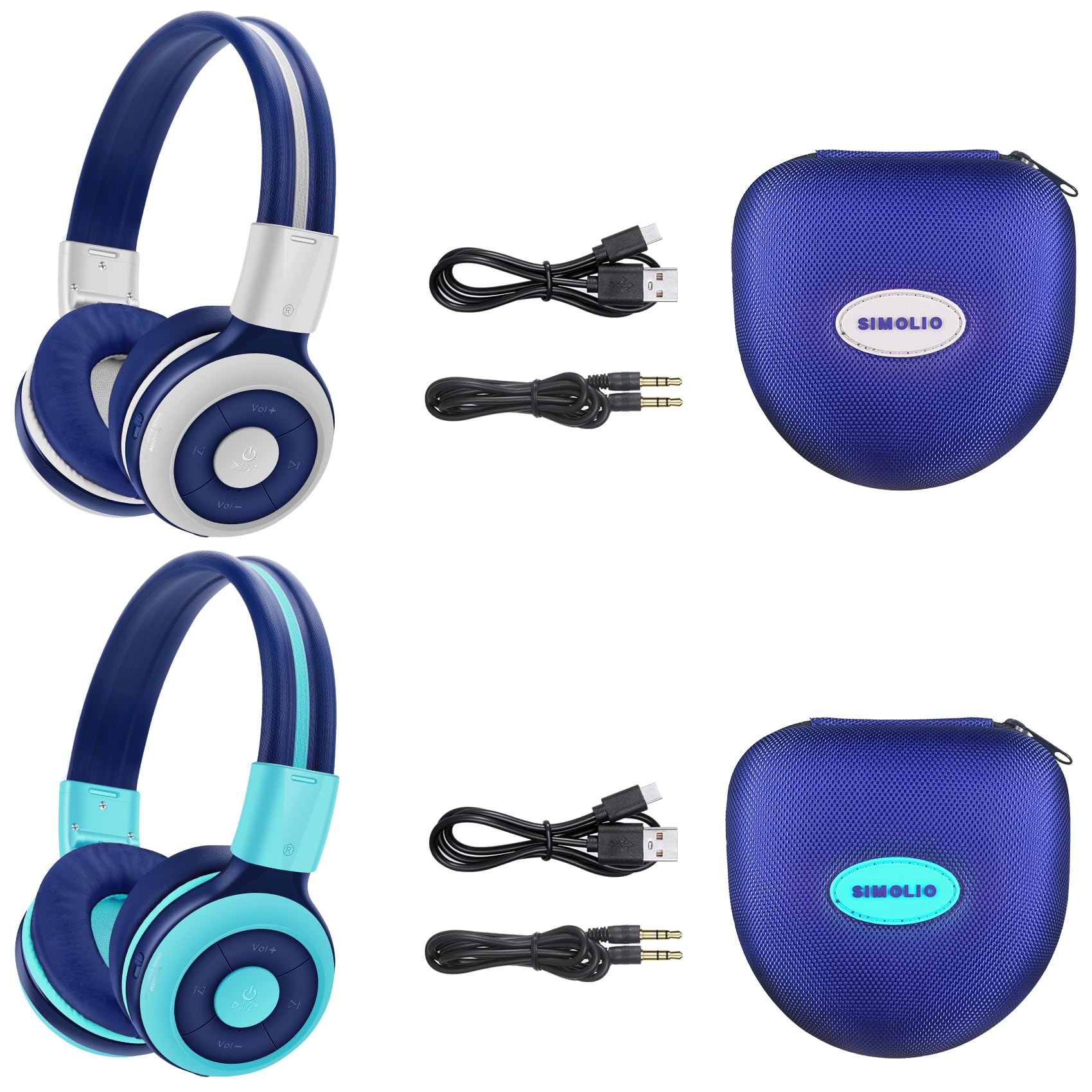 2 Pack SIMOLIO Bluetooth Headphones for Kids & Teens - Volume Limited 75dB/85dB/94dB, Wireless On-Ear Headset with Microphone & EVA Carrying Case (Mint+Grey) - Perfect for School, Travel, and Online Learning